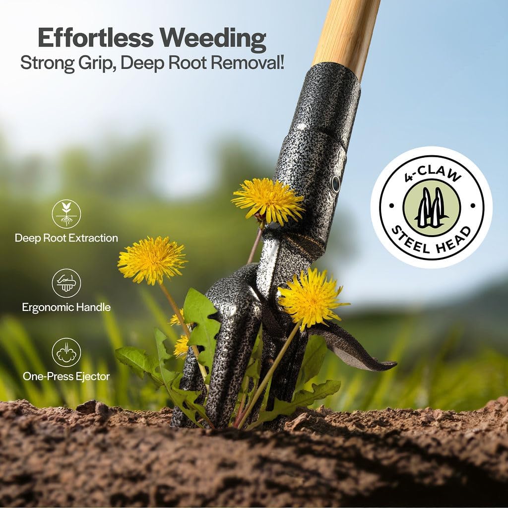 Weed Puller Tool, Stand Up Heavy Duty Weed Remover Tool with Long Handle , Foot Platform Design - 4 Claw Steel Head Weeder Tool, Bamboo Garden Hand Weeding Tool, Smoothly Remove Weeds Without Kneeling