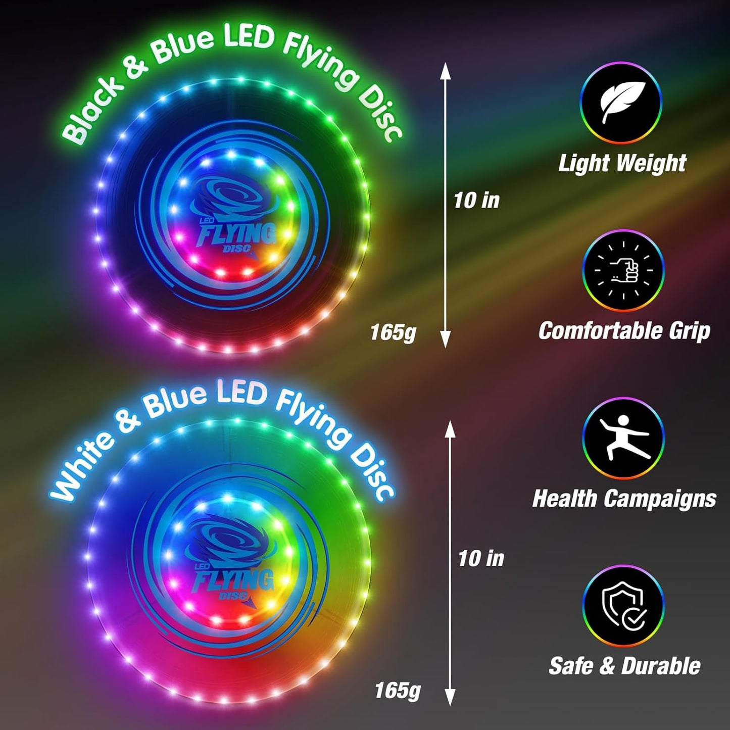 2 Pack Light up Flying Discs for Kids, 45 LEDs, 14 Lighting Modes, Rechargeable Glow in The Dark Flying Ring for Beach, Camping, Outdoor Game, Sport Toys for Teens Boys Adult
