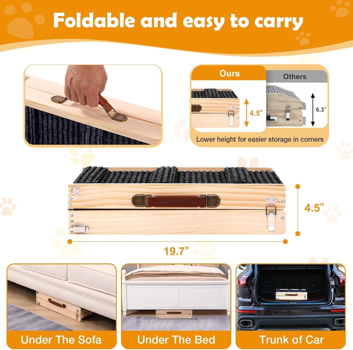 39" Long Dog Ramp for Bed, Couch & Car - 5 Level Adjustable Height (10.4" to 24.4"), Foldable Portable Wooden Pet Ramp with Non-Slip Surface, for Small & Old Dogs Up to 70 LBS