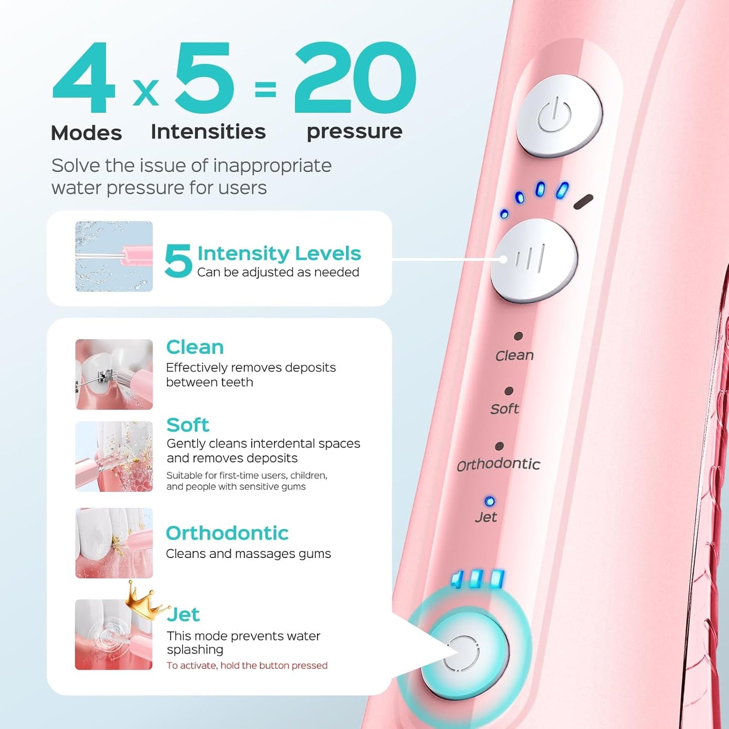 COSLUS C50 Portable Water Flosser for Teeth: 4 Modes & 5 Intensity Levels Professional Electric Dental Pick for Sensitive Gums, Braces & Orthodontic - Cordless for Travel Use, BPA-Free