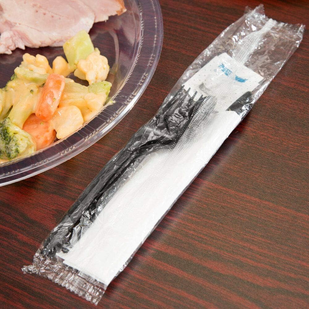 250 Disposable Cutlery Packets - Knife, Fork, Spoon, Napkin, Salt, Pepper Sets | Black & Silver Plastic Sets, Individually Wrapped Cutlery Kits