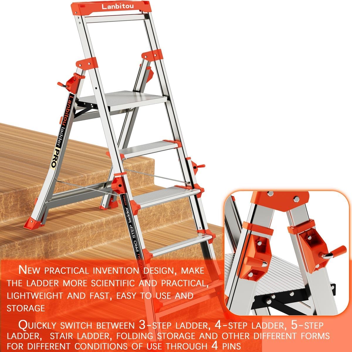 Ladder, Aluminum 5 Step Ladder with Handrails, Anti-Slip Wide Pedal, Tool Platform, Folding Step Stool Step Ladder for Stairs Home Outdoor Work, Lightweight-Portable, 330lbs-Capacity,
