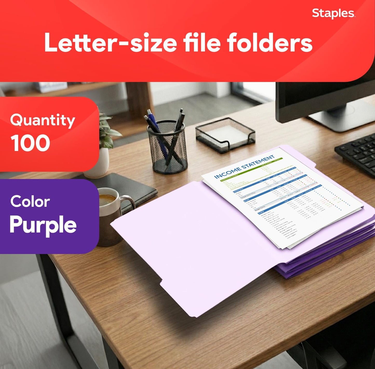 Staples File Folders, Letter Size, 1/3‑Cut Tabs, Purple, Durable 10.5‑Point Paper Stock, 100/Pack
