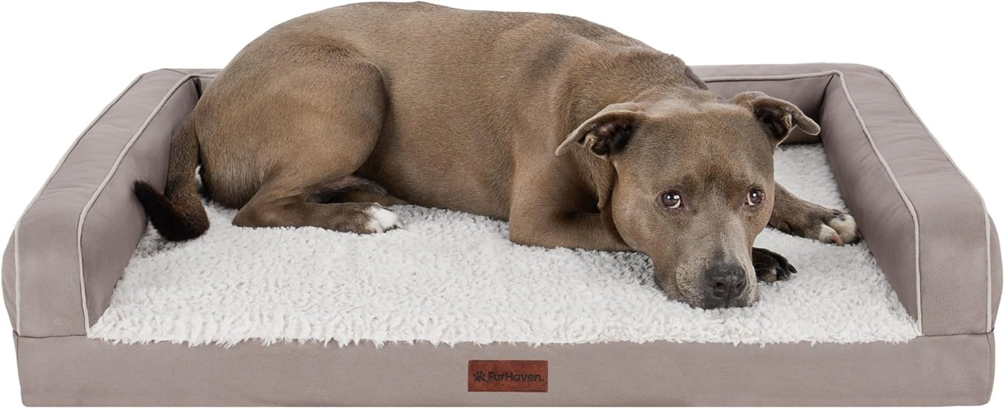 FurHaven Textured Plush & Coated Polyester Solid Core Modern Sofa Pet Bed, Greige, Large