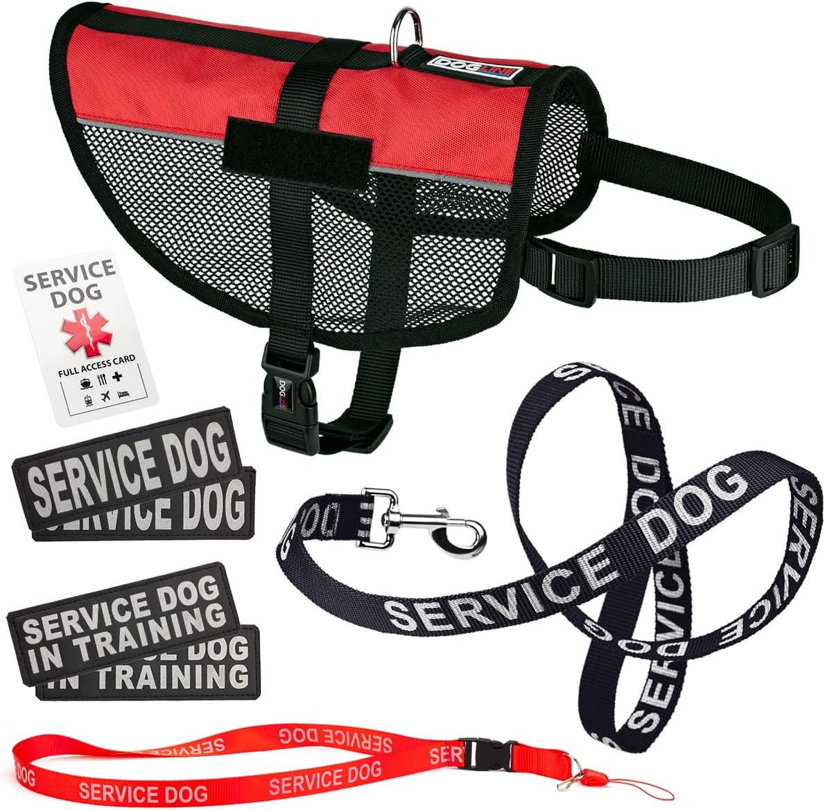 Dogline Service Dog Vest Harness Bundle Official Red Service Dog Reflective Leash & Patches Service Dog in Training Set Service Dog ADA IDs with Lanyard for Travel Support Therapy Dogs