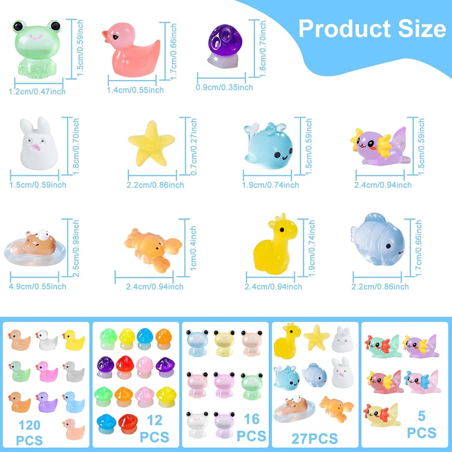 180 Pcs Luminous Mini Resin Animals Animals Glow in The Dark Tiny Resin Animals Figurines Mini Ducks Frog Axolotls to Hide Plastic Animal for DIY Garden Landscape Cake Potted Plants Decor Supplies