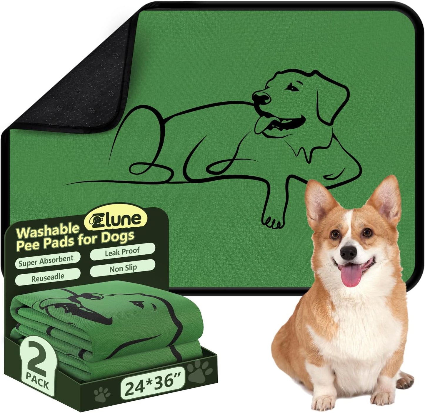 Washable Pee Pads for Dogs Reusable, 2 Pack 24"x36" Training Puppypads Absorbency Non-Slip & Leak-Proof for Pet Whelping Box Playpen Crate Sofa Bed Floors (Green)