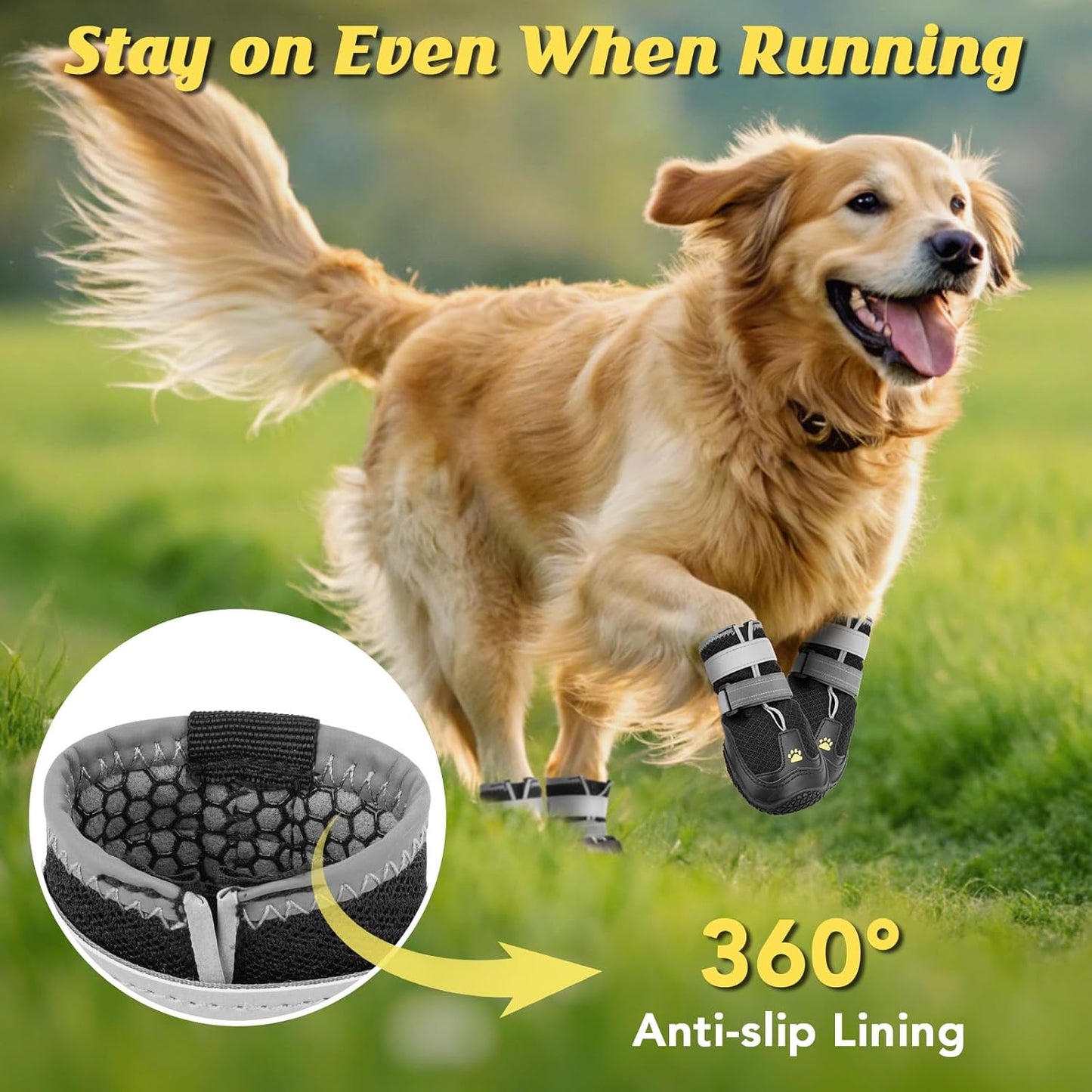 LUCKYPAW Dog Shoes for Large Medium Dogs, Breathable Dog Boots for Hot Pavement, Paw Protectors for Summer Walking Hiking Winter Snow Outdoor, No Slip Reflective Booties for Hardwood Floor-Black, 8