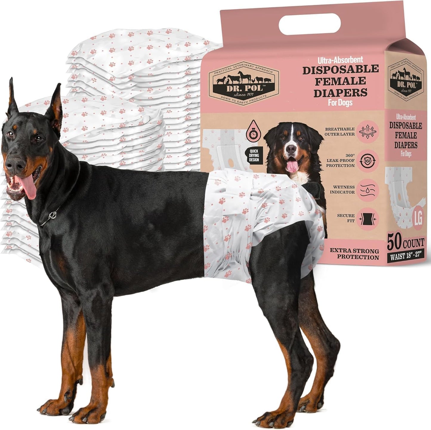 Dr Pol Dog Diapers for Female Dogs | Disposable Pet Diapers with Wetness Indicators | Adjustable Fit | Leak Protection & Super Absorbent | Perfect for Heat Cycles & Training Accidents | Pack of 50