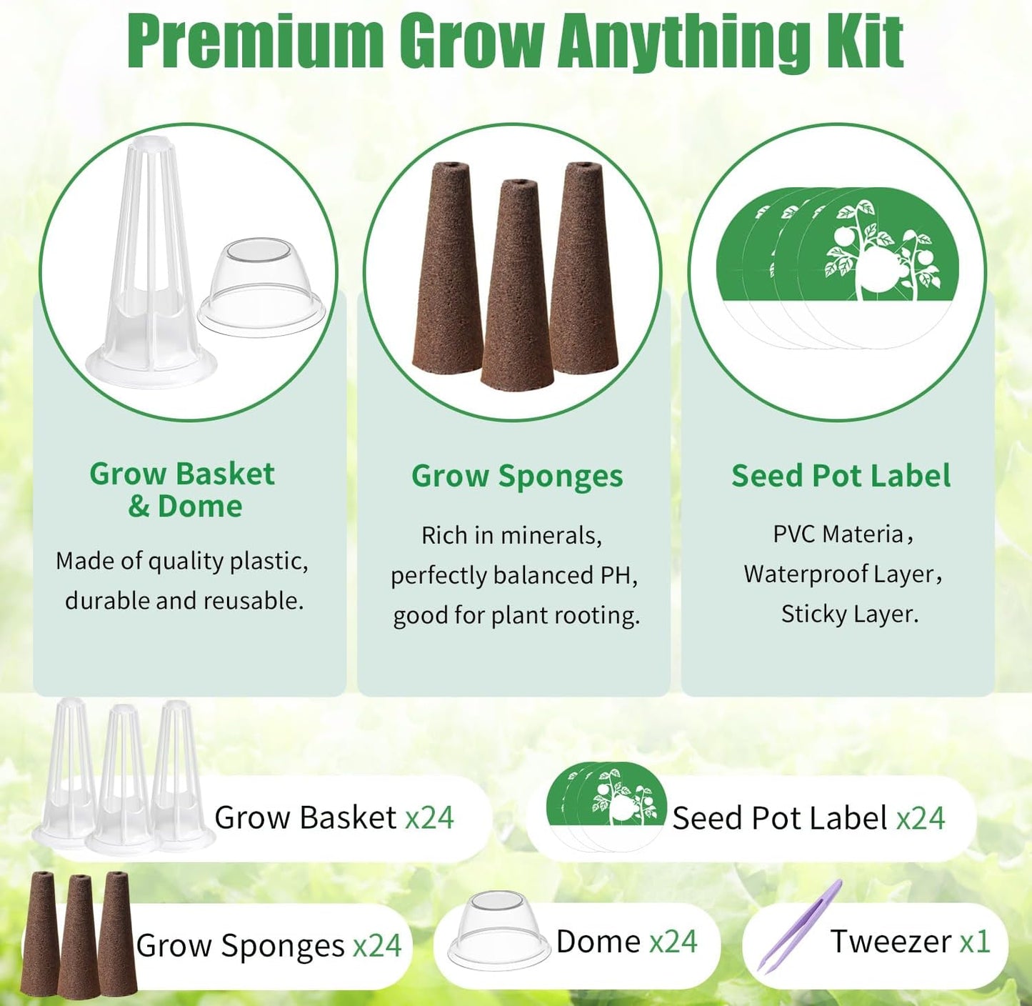 Seed Pod Kit Compatible with Aero Garden and All Brands - Grow Anything Kit for Indoor Garden Hydroponics Growing System with 24 Grow Sponges, 24 Pod Labels, 24 Plant Baskets Domes