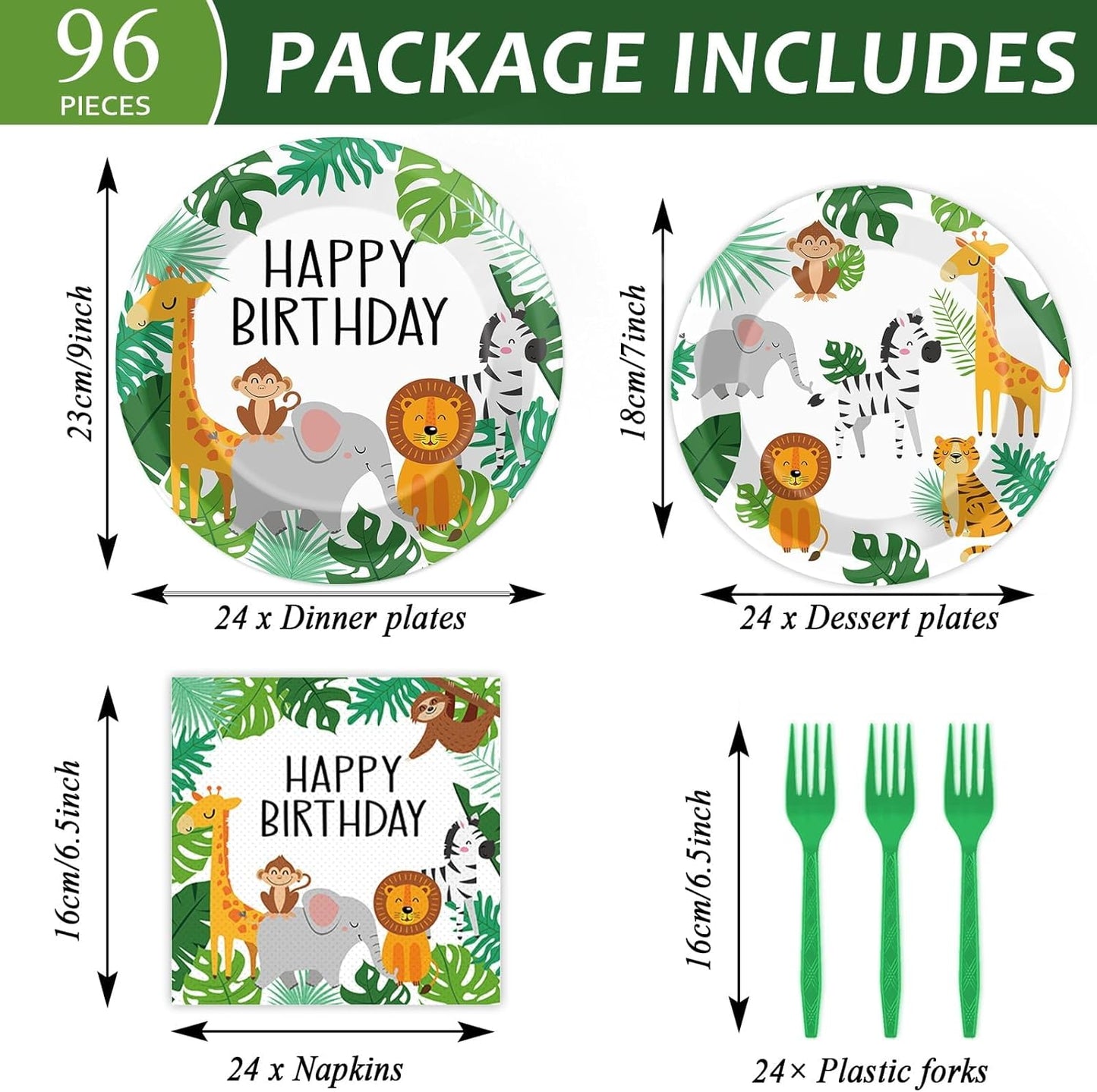 96PCS Jungle Birthday Party Plates and Napkins Safari Animals Birthday Party Decorations for 24 Guests Jungle Theme Birthday Party Tableware Set Serves Wild Animals Gold Safari Zoo Birthday Supplies