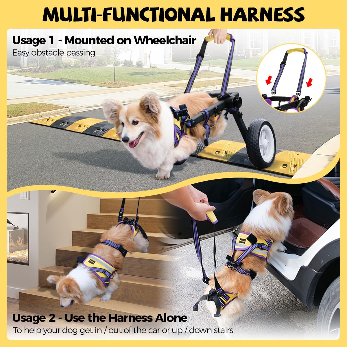 Dog Wheelchair for Back Legs Small, Newly Wheelchair for Small/Medium Dogs, Adjustable Dog Carts with Wheels for Disabled Hind Legs, with Leash, Angle-Adjustable All-Terrain Wheels - M