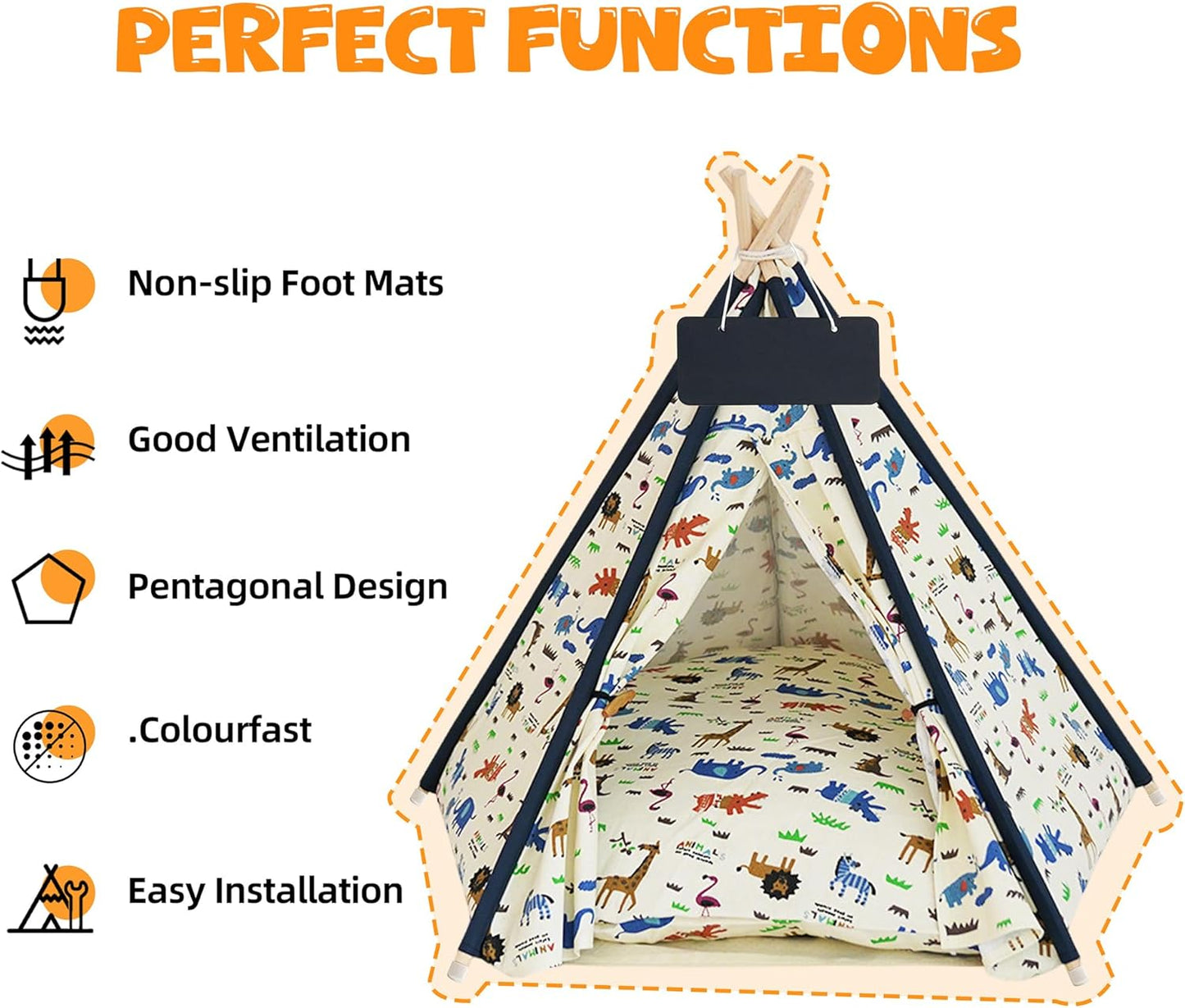 Pet Tent/Tipi for Cats & Dogs - Washable Canvas, Foldable Pet Teepee with Anti-Slip Base & Detachable Cushion | Indoor/Outdoor Safe Shelter for Pets-Zoo-L