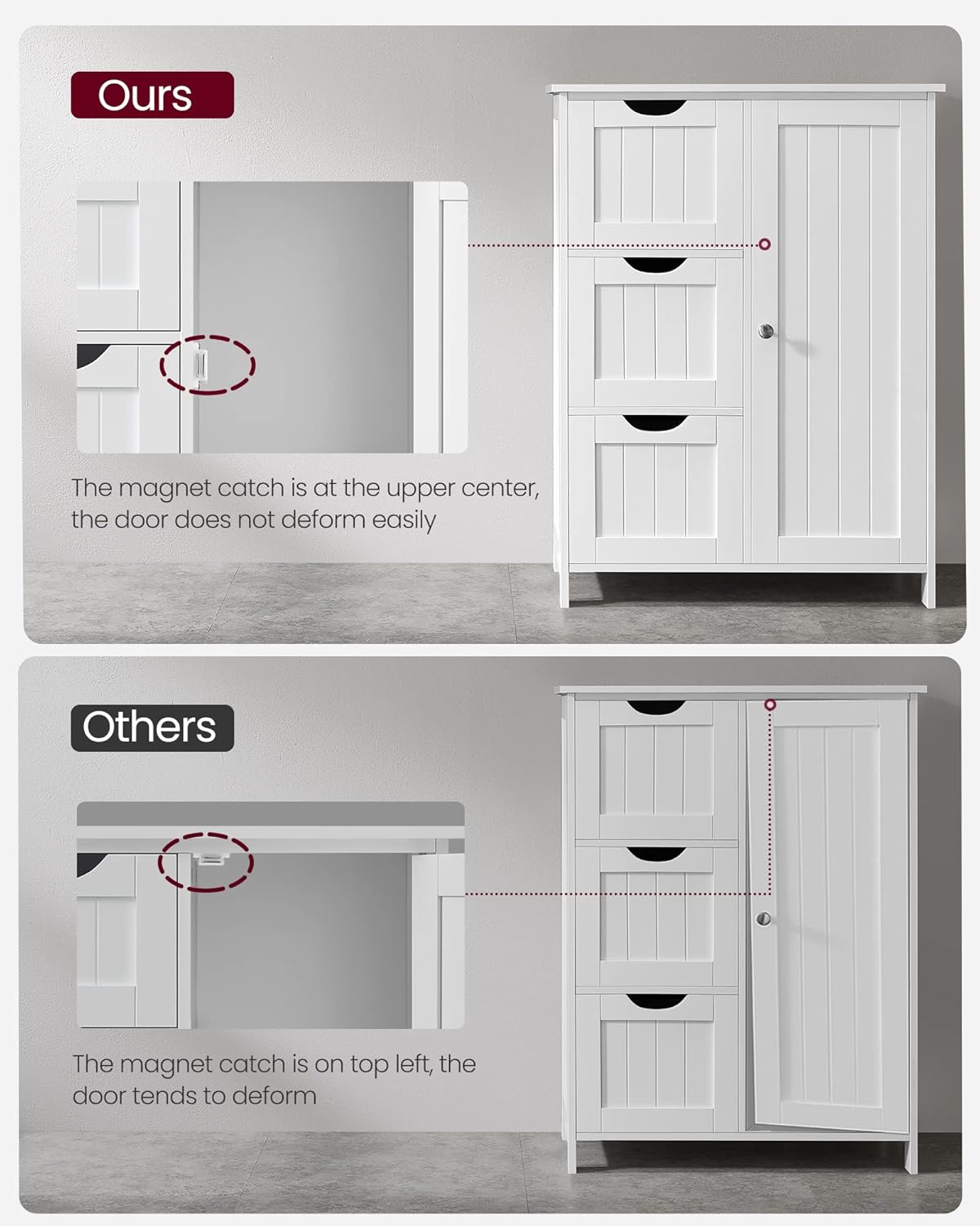 VASAGLE Floor Storage Cabinet, Freestanding Storage Unit with 3 Drawers, 1 Adjustable Shelf, for Bathroom Living Room Dining Kitchen, 11.8 x 23.6 x 31.5 Inches, Cloud White UBBC049WH01S