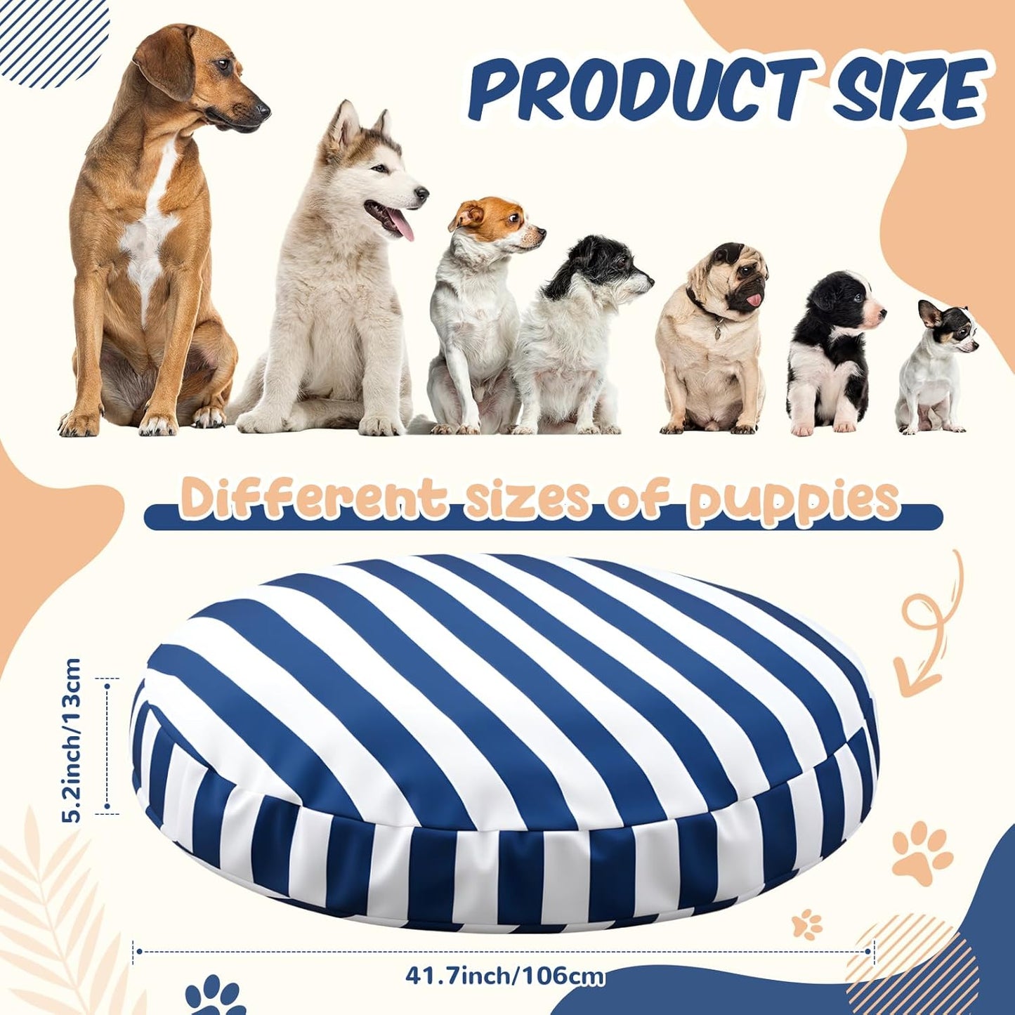 42 Inch Large Waterproof Outdoor Dog Bed, Washable Round Pet Bed for Medium Large Dogs, Blue and White Vertical Striped, UV Resistant Durable Pet Cushion for Indoor Outdoor Travel Use