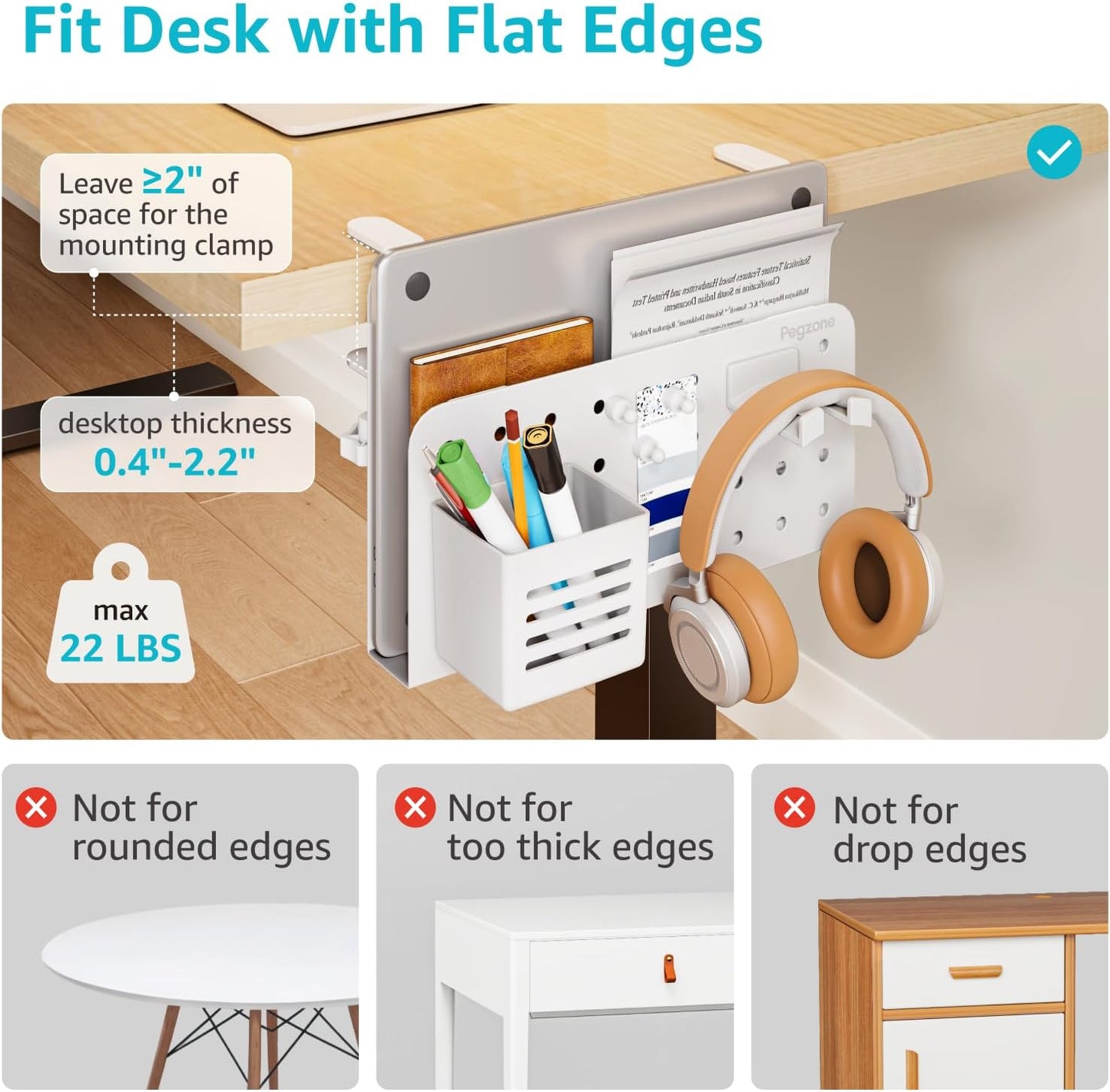 Desk Side Storage Organizer, No Drill Under Desk Laptop Holder, Clamp on Desks Shelf with Pegboard Accessories, Hanging Laptop Mount, Fits Flat Edge 0.4" to 2.2", White