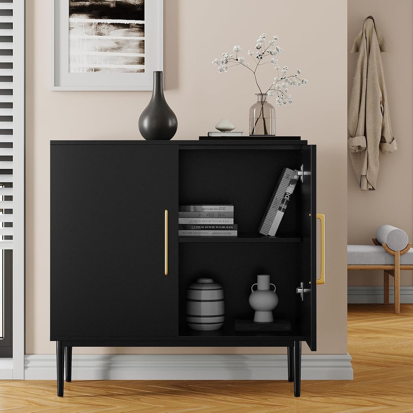 Storage Cabinet with Doors, Modern Black Accent Cabinet, Free Standing Cabinet, Wooden Buffet Sideboards for Living Room, Kitchen,Home Office