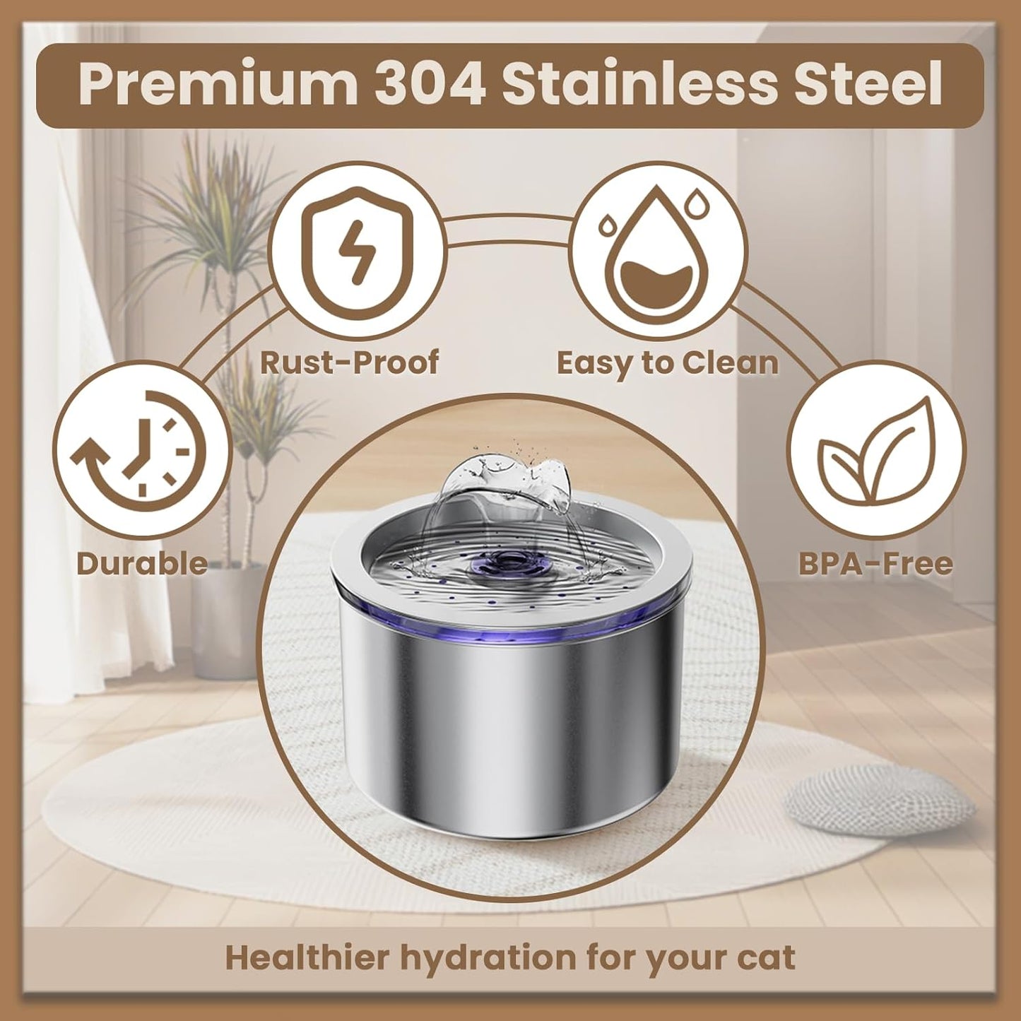 Cat Water Fountain Stainless Steel, 74oz/2.2L Automatic Pet Fountain with USB Pump & Replacement Filters, Ultra Quiet Indoor Water Dispenser for Cats, LED Monitoring Water Level