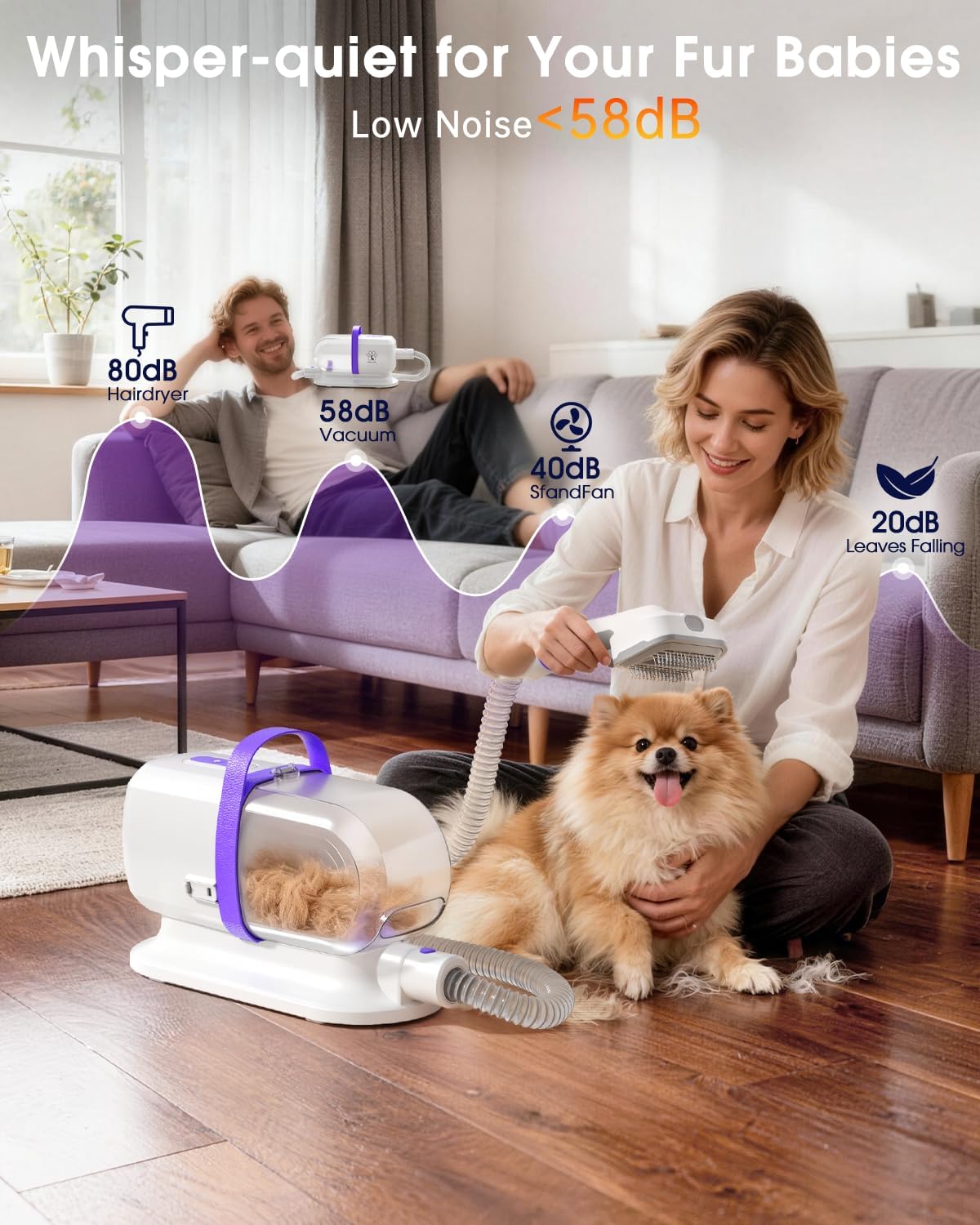 LOMMOL Dog Grooming Vacuum 6 in 1, Dog Grooming Kit with 2.2L Dust Cup, Clippers Dogs Vacuum with Dryer Function, Low Noise Upgrade Pet Grooming Vacuum with 6 Tools for Home Pet Hair, Purple