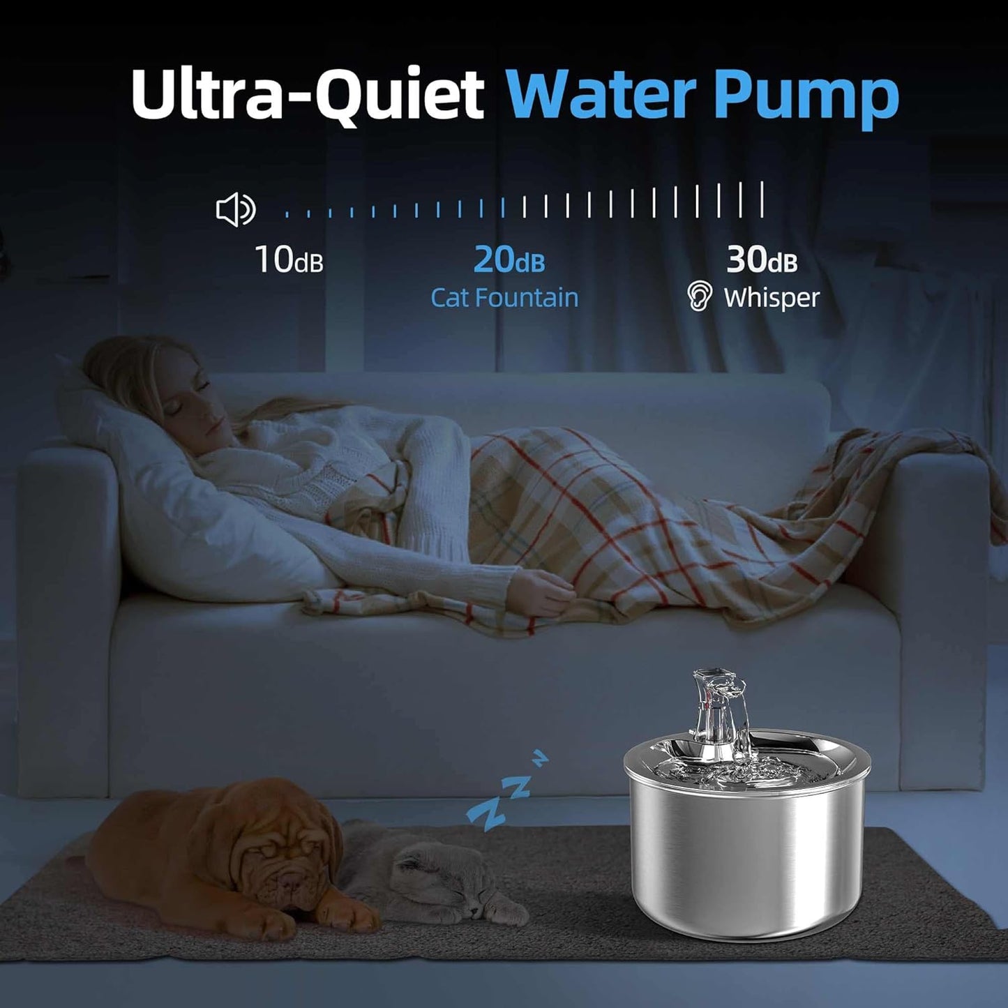 Cat Water Fountain, Stainless Steel Inside Ultra-Quiet Pump, 2L/67oz Automatic Dog Dispenser Water Bowl, Multiple Pets Water Fountain