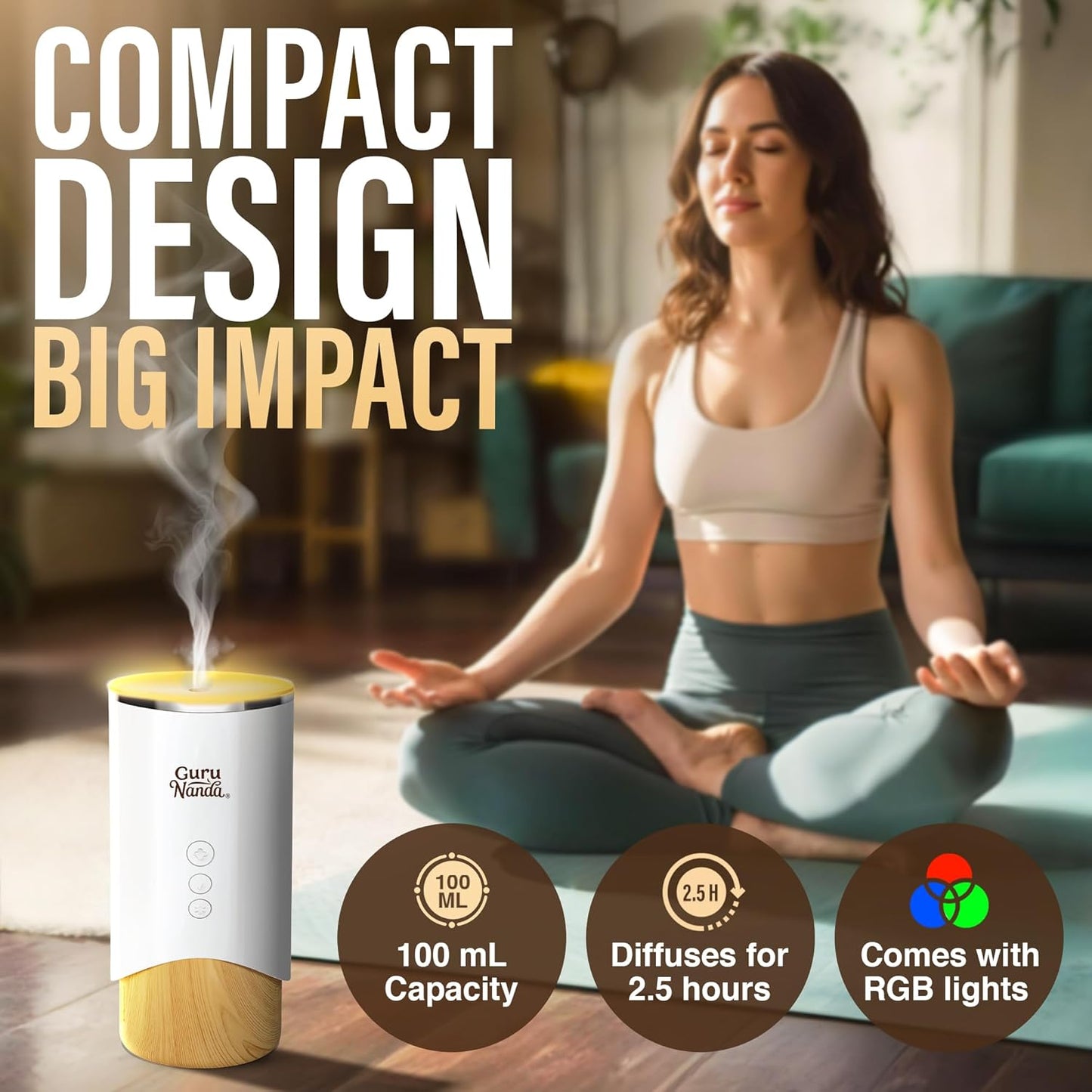GuruNanda Calm Aura Essential Oil Diffuser, Sleek Modern Aromatherapy Diffuser with Turbo & Mist Modes, Auto Shut-Off Safety, Covers 250 Sq Ft, 100 ml