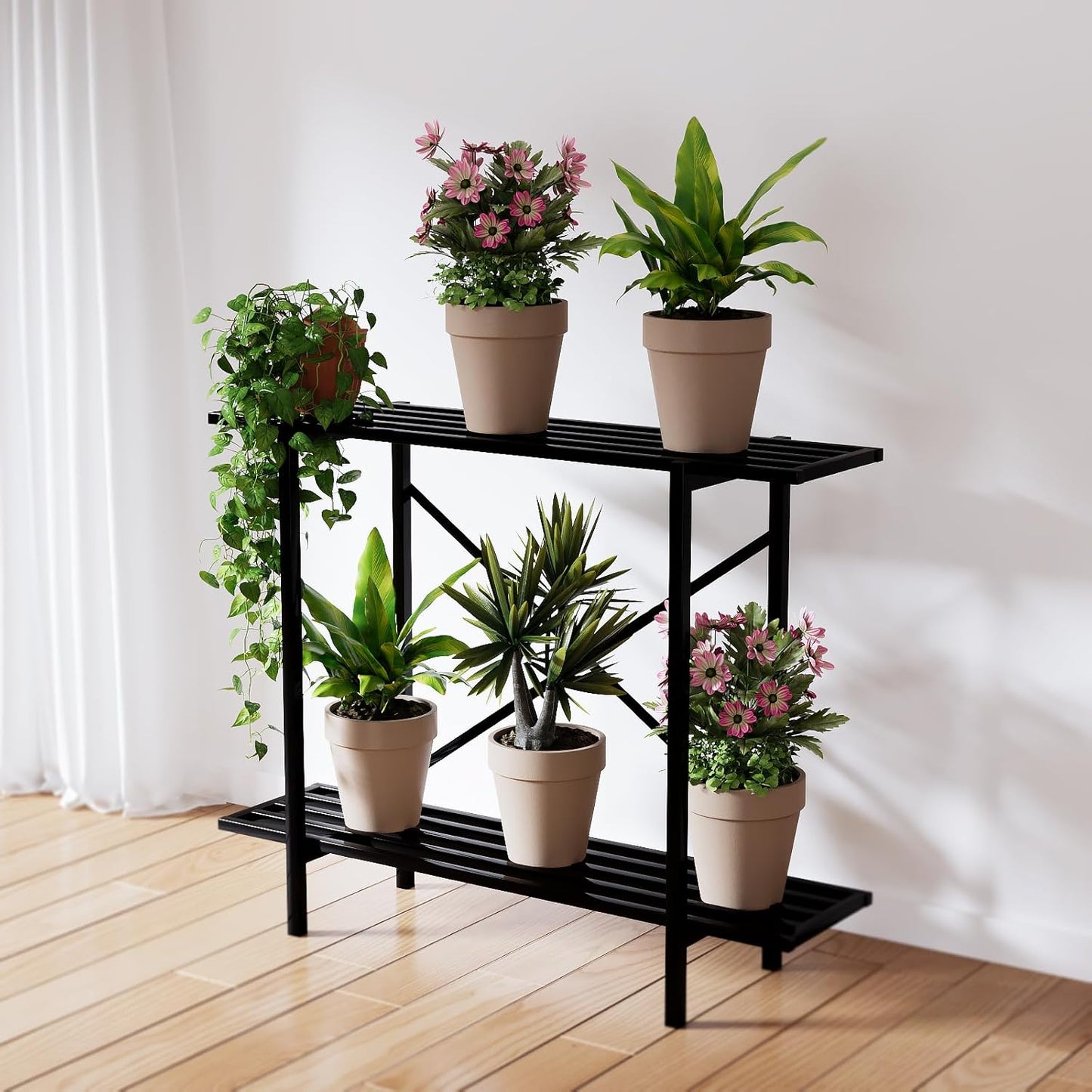 Zhongma 2 Tier Window Height Metal Sturdy Heavy Plant Stand, Narrow Plant Stand Indoor and Outdoor, L35.43 x W10.3 x H27.5 inch, 440 LBS Capacity & Heavy Duty Construction