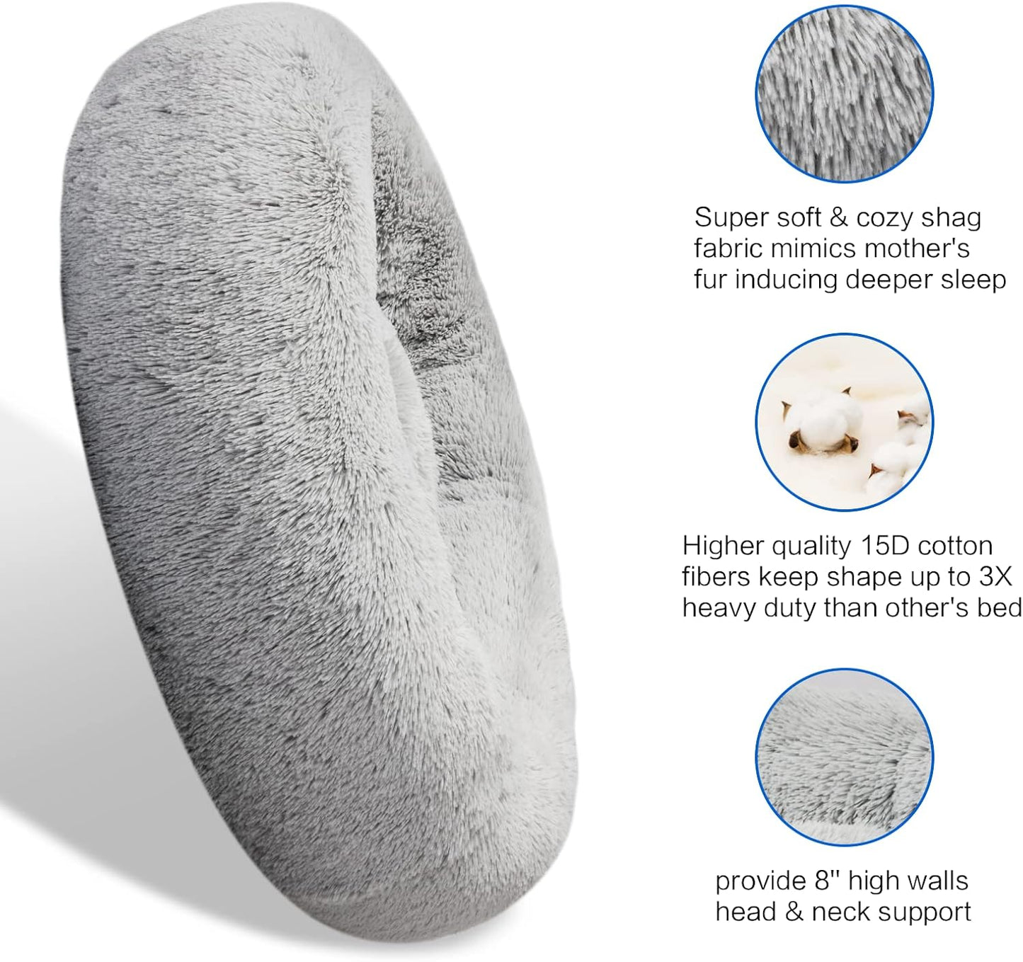 SAVFOX 36 inches Calming Donut Dog Bed - 3X Durable Plush Faux Fur, Machine Washable & Non-Slip, Fits up to 100 lbs, Light Grey