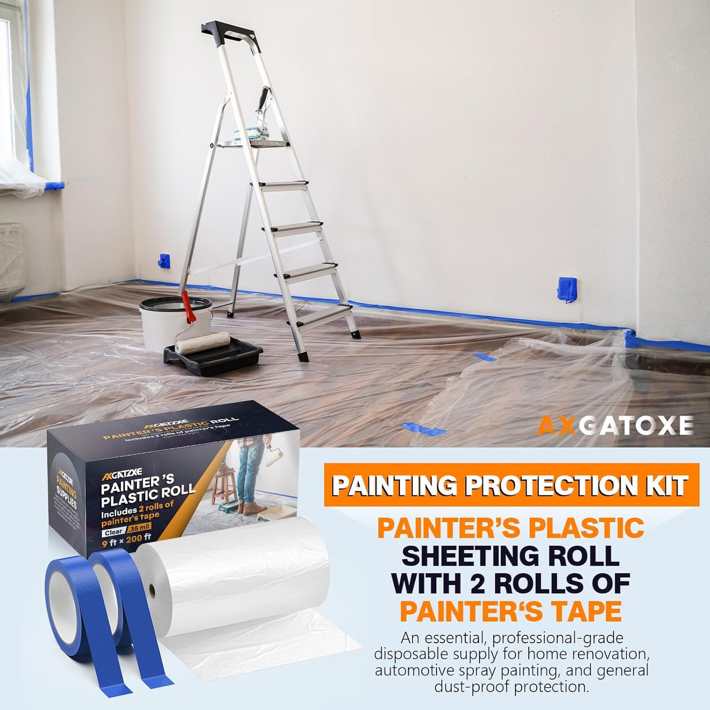 Plastic Drop Cloths, 200' Length x 9' Width Painter's Plastic Film with 2 Rolls Painter's Tape - Disposable Painter's Sheeting & Tarps for Painting Supplies, Furniture/Couch/Floor Protection