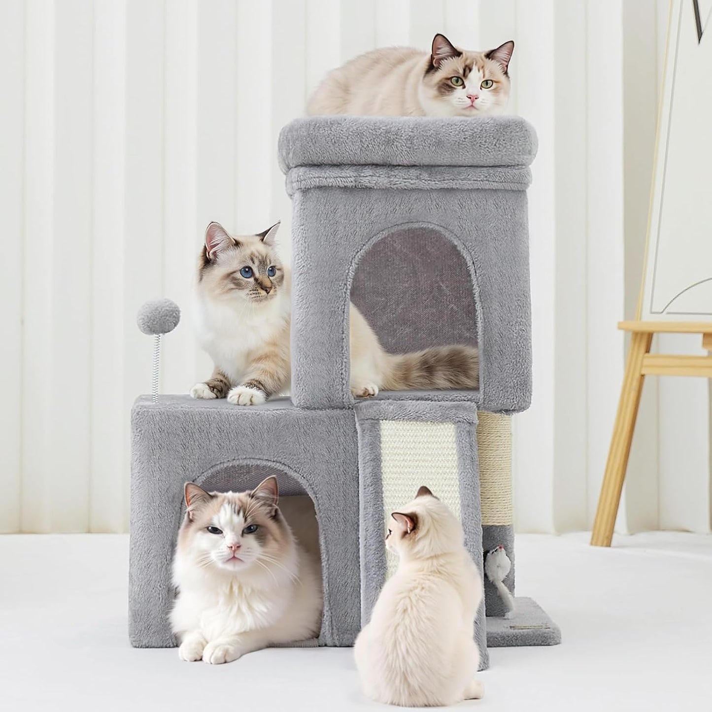 24inch Tall Cat Tree with 2 Cat Condo and Mouse Toy Cozy Small Cat Tower with Scratching Post and Board for Kitties and Small Cats.（Light Grey） (22 * 13 * 28)