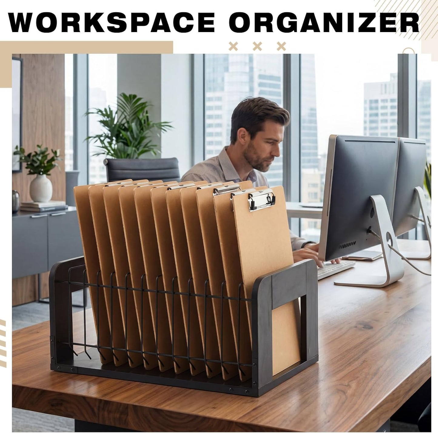 Yookeer 1 Pcs Vertical Clipboard Holder, Desk File Organizer Storage Rack, 12 Slot Wooden and Metal Clipboard Organizer, Storage Stand Rack for Home, Office, No Assembly Required (Black)