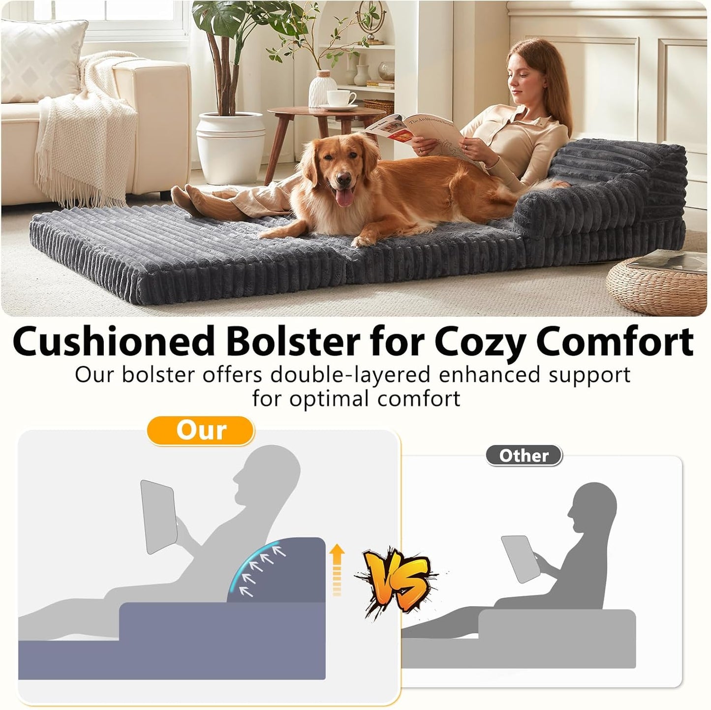 INVENHO Foldable Human Dog Bed, Orthopedic Egg-Crate Memory Foam Human Sized Dog Bed for Adult with Washable Removable Cover & Nonskid Bottom