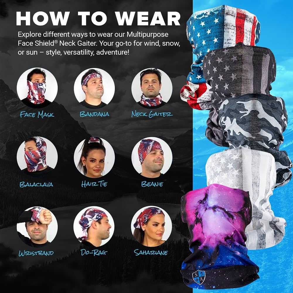 S A Company 5-Pack UV Face Shield | UV 30+ Multipurpose Neck Gaiter Balaclava for Adults | Multiple Color Packs