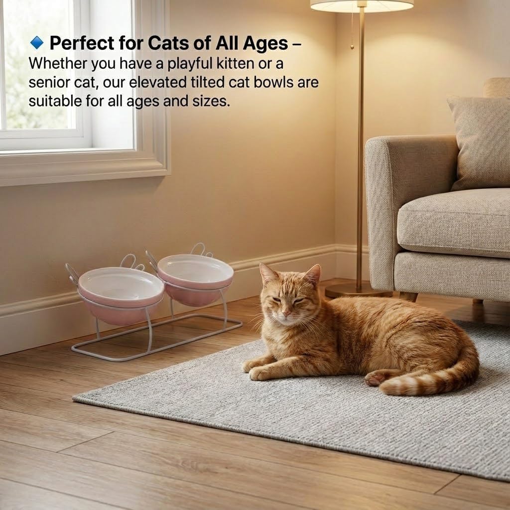 Elevated Tilted Cat Bowls with Metal Stand, Raised Ceramic Food and Water Bowls, Double Removable Dishes with Cute Wing Design, 15° Tilted Anti-Vomiting Pet Feeder, Non-Slip for Indoor Cats (Pink)
