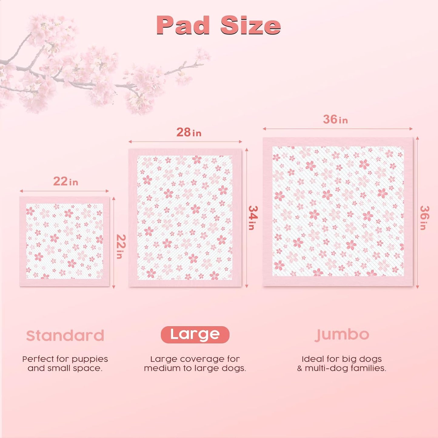 MIZOK Dog Pee Pads Extra Large 28"x34", Potty Pads for Big Dog Breeds, Super Absorbent & Leak-Proof, Pink Cherry Blossom Prints, Thick & Heavy, 4 Adhesive Tabs, XL (40 Counts)