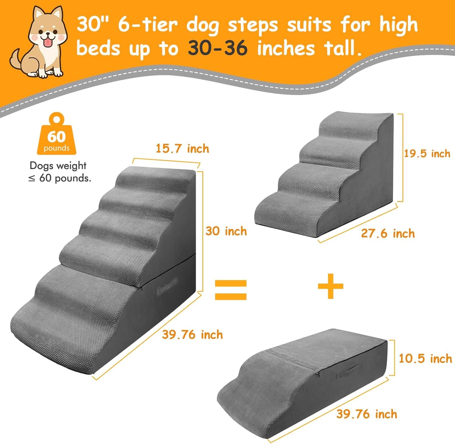 Dog Stairs for High Beds 30 inches Tall for Small Dogs, Pet Steps for High Bed up to 30-36 Inch, Lightweight Foam Dog Ramp for Old Cats, No Assembly Required, Grey