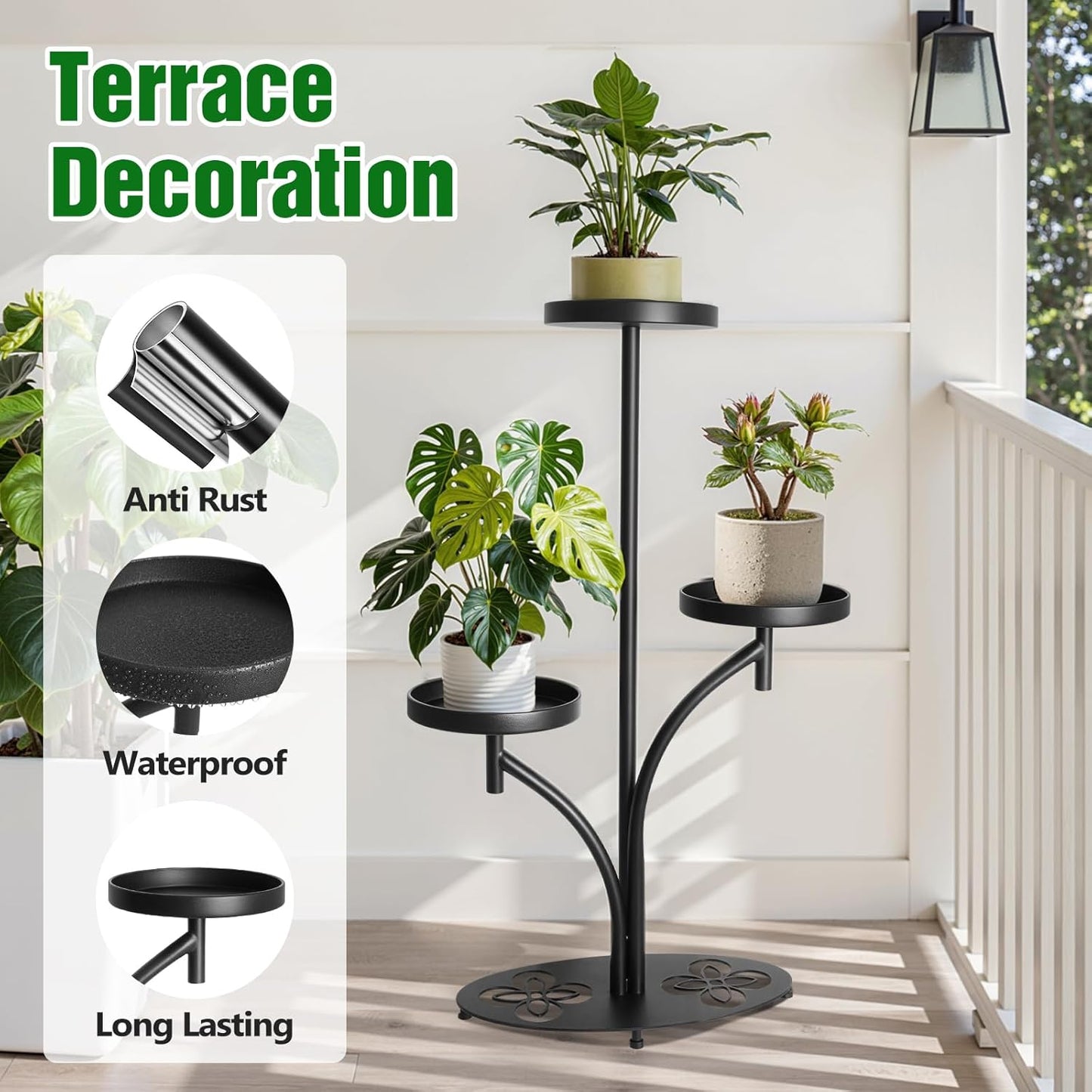Indoor 3 Tier Black Plant Stand, Tall Metal Plant Stand, Heavy-duty Base in the Shape of a Four-leaf Clover, Layered Modern Flower Pot Rack, Suitable for Courtyards, Patios, Living Rooms, Bedrooms