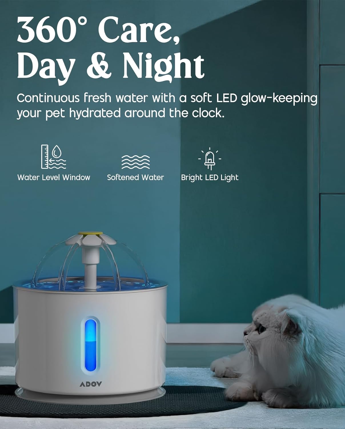 ADOV Cat Water Fountain, 81oz/2.4L Cat Fountain with LED Water Level Window and 3 Replaceable Filter, Ultra Quiet Healthy and Hygienic Pet Drinking Bowl, Automatic Pet Fountains for Cats, Dogs