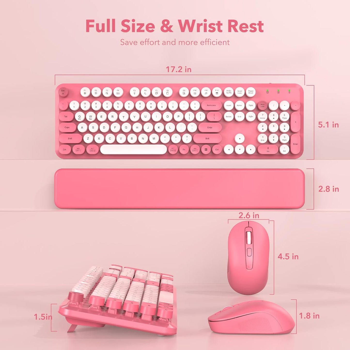 Wireless Keyboard and Mouse Combo, Cute Hot Pink Full-Size Retro Typewriter Keyboard with Round Keycaps, Magnetic Wrist Rest, Tilt Legs, 2.4GHz Cordless for Mac, Windows PC, Laptop, SABLUTE CK23