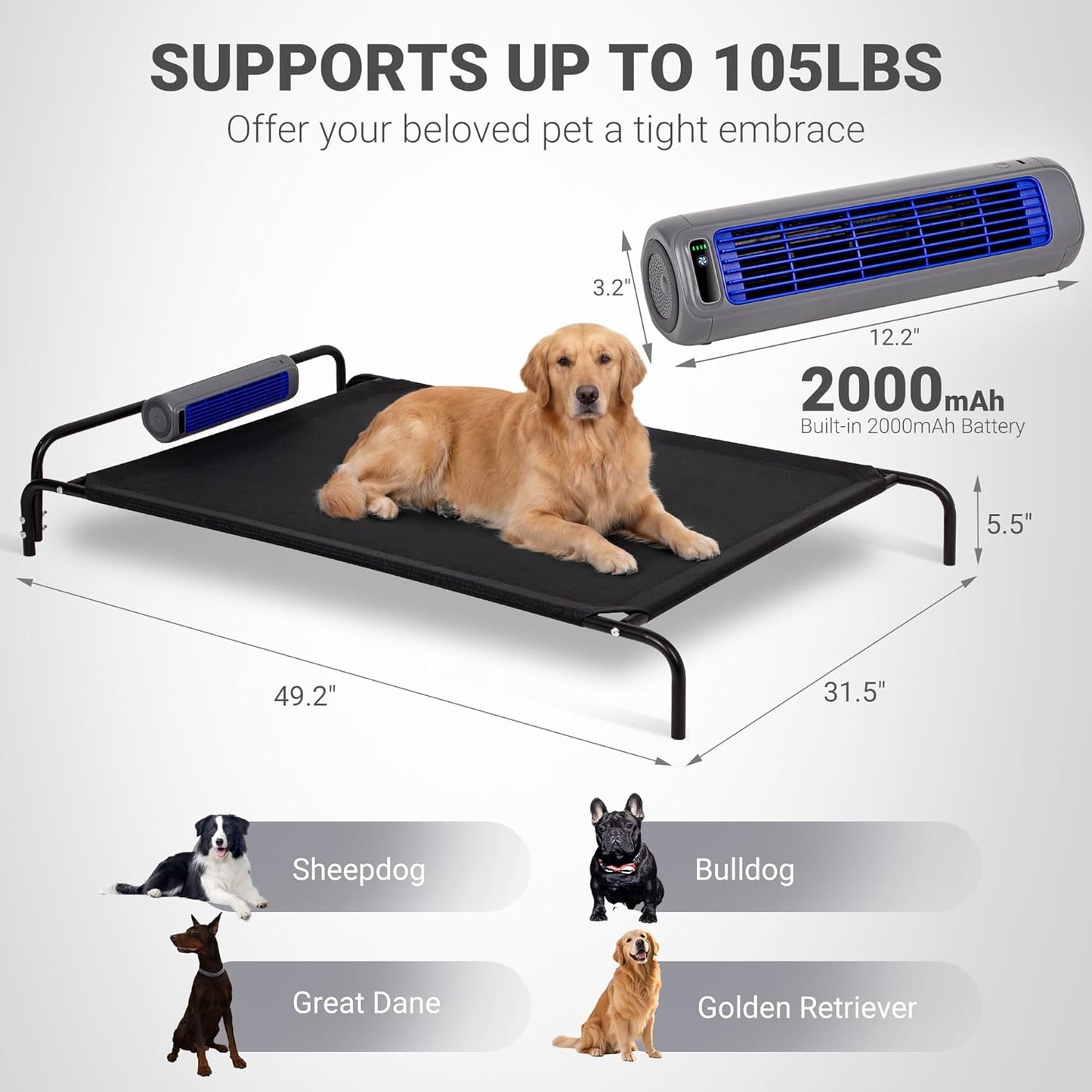 Elevated Outdoor Dog Bed with Fan - Cooling Dog Bed for Large Dogs, Waterproof Cot Easy to Assemble, 3 Wind Speed, Raised Dog Bed with Washable Mesh Cover, Durable, Non Slip, Up to 105 lbs