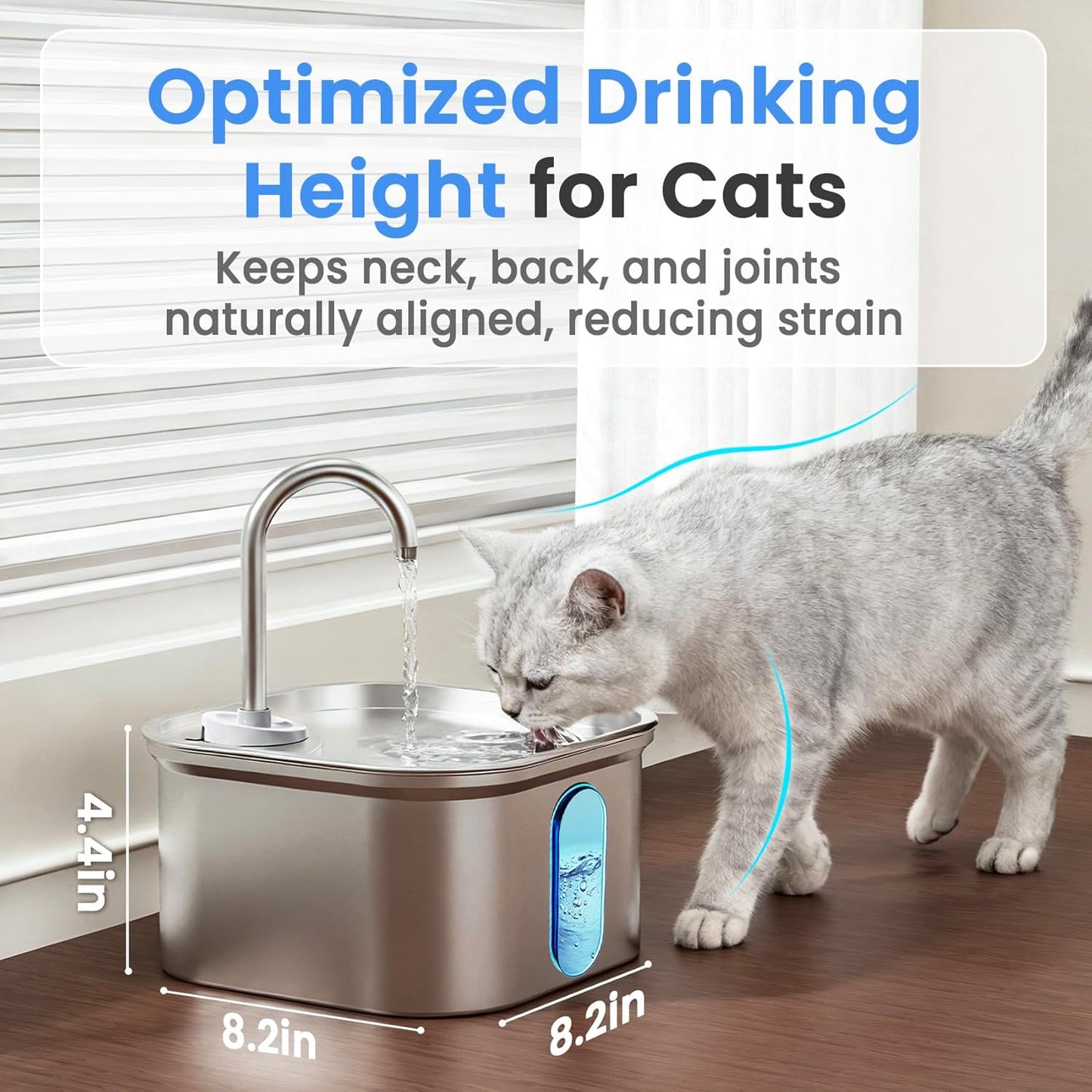 Cat Water Fountain Stainless Steel, 108oz/3.2L Quiet Automatic Cat Fountain for Drinking, Safe Auto Shut-Off, Large Square Pet Water Dispenser for Dogs Indoor with 1 Replacement Filter
