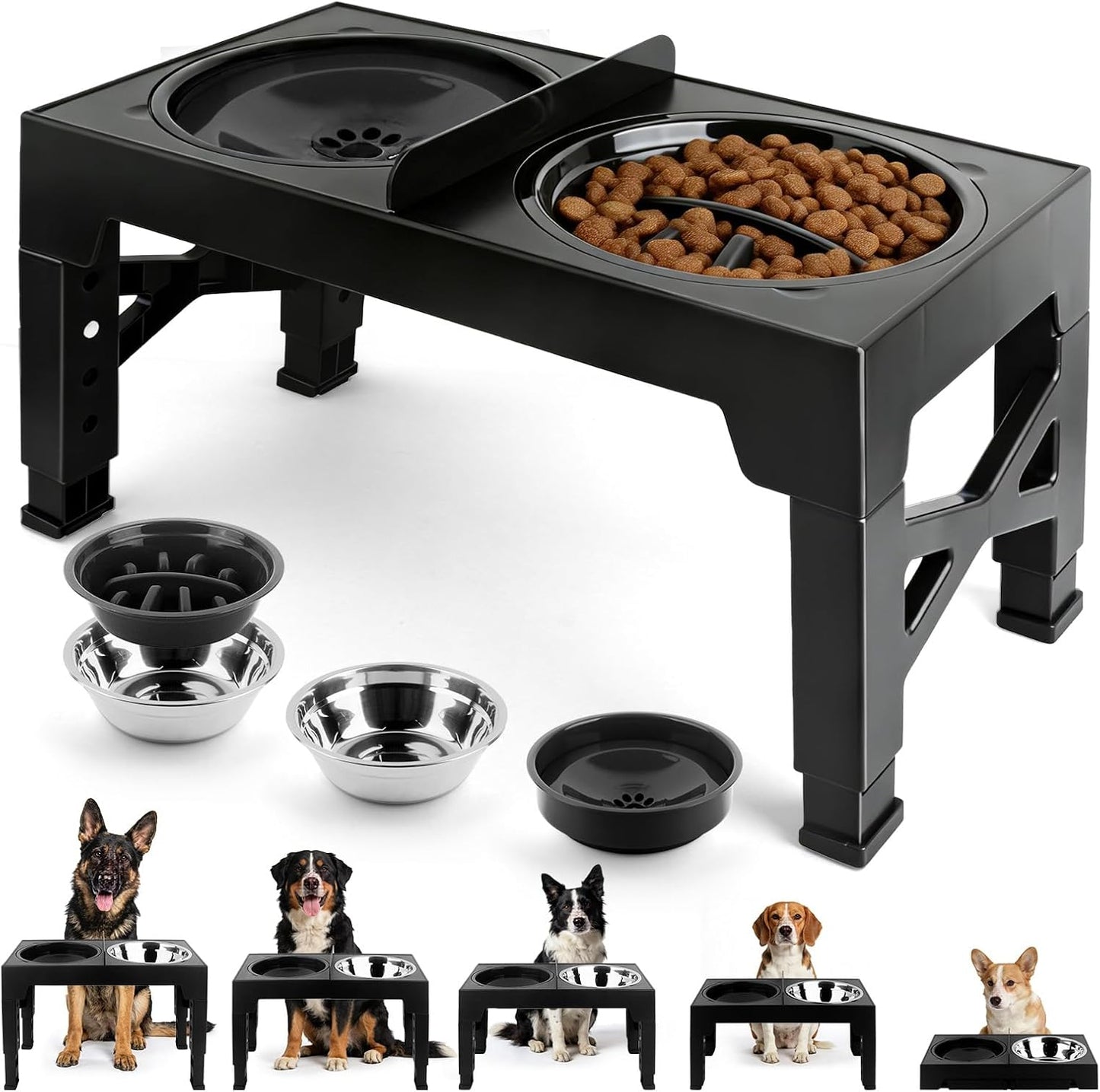 MECHEER 4-in-1 Dog Bowl Elevated Stand with Slow Feeder & Spill-Proof Water Bowl, 5-Height Adjustable Raised Dog Bowl for Large, Medium, and Small Dogs, Non-Slip Base Dog Feeding Station