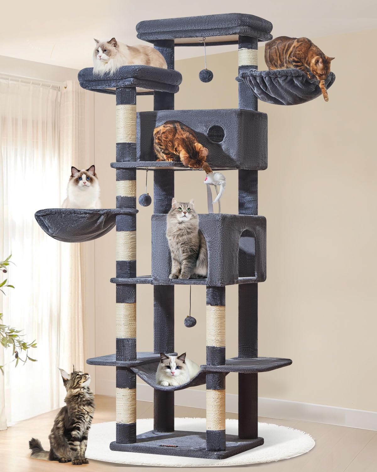 Taoqimiao Cat Tree Tower, 76-Inch Sturdy Cat Tree for Indoor Cats Large Adult Cat Tower with Scratching Posts，2 Condos, 2 Perches, 2 Large Hanging Baskets, Soft Hammock, MS046G Smoke Gray