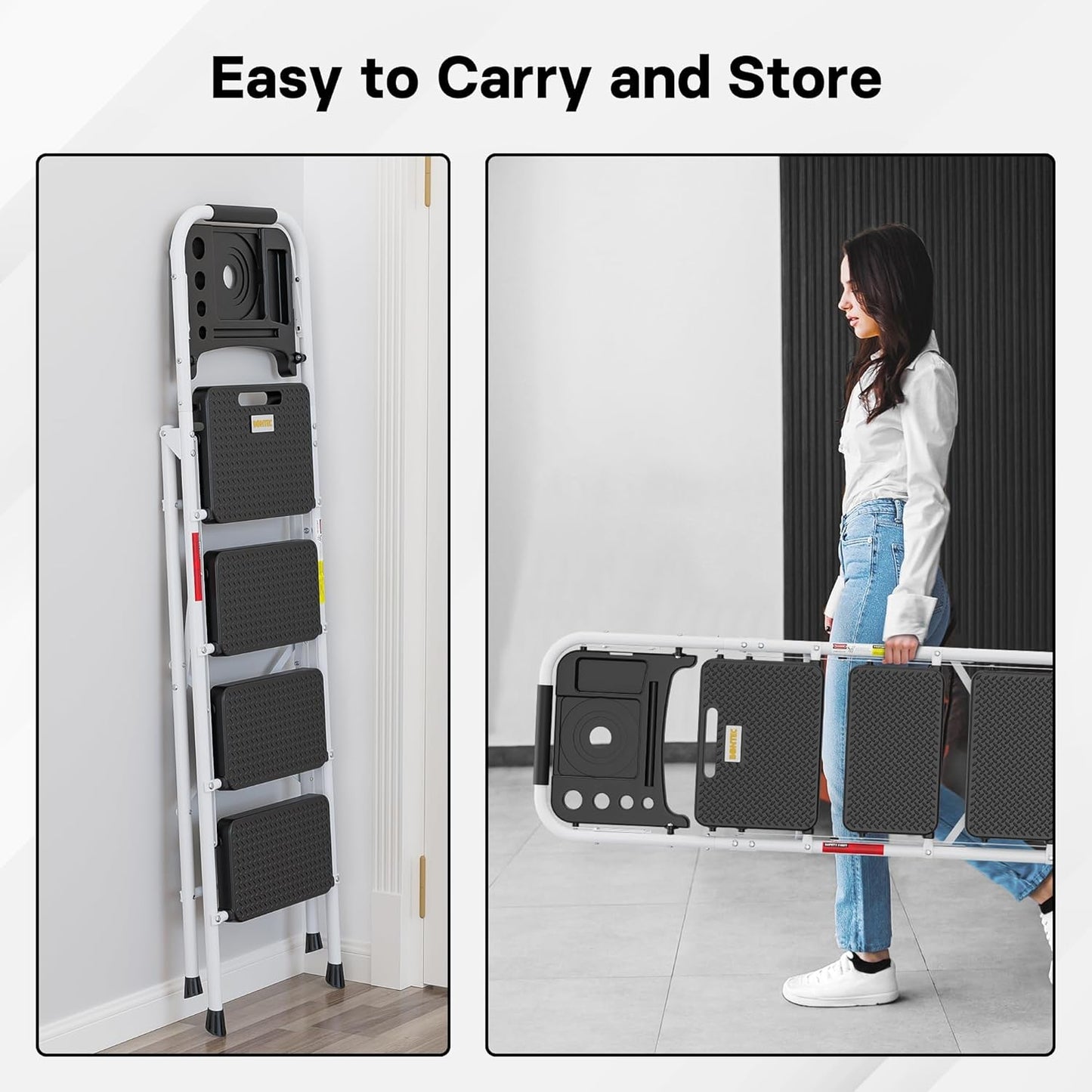 BONTEC 4-Step Ladder, 400lbs Max Load, Folding Step Stool with Tool Tray, Anti-Slip Pedals, Sturdy Steel, Lightweight Portable Ladder with Handrail for Home & Work Use, White