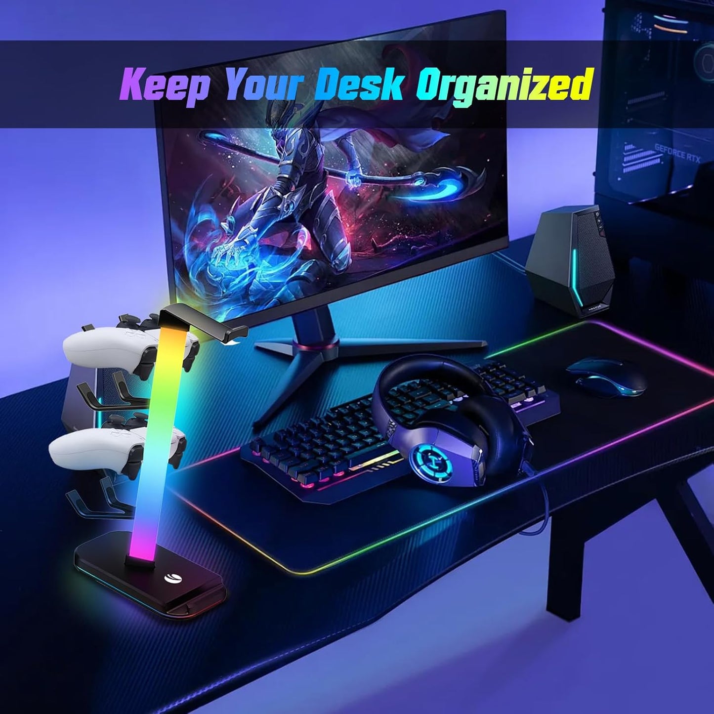 VCOM RGB Gaming Headphones Stand with 10 Light Modes, 4 Controller Holder with 1 USB & 2 Type-C Charging Ports,Headset Stand Suitable for All Earphone Accessories, Best Gift for Desk Gamers