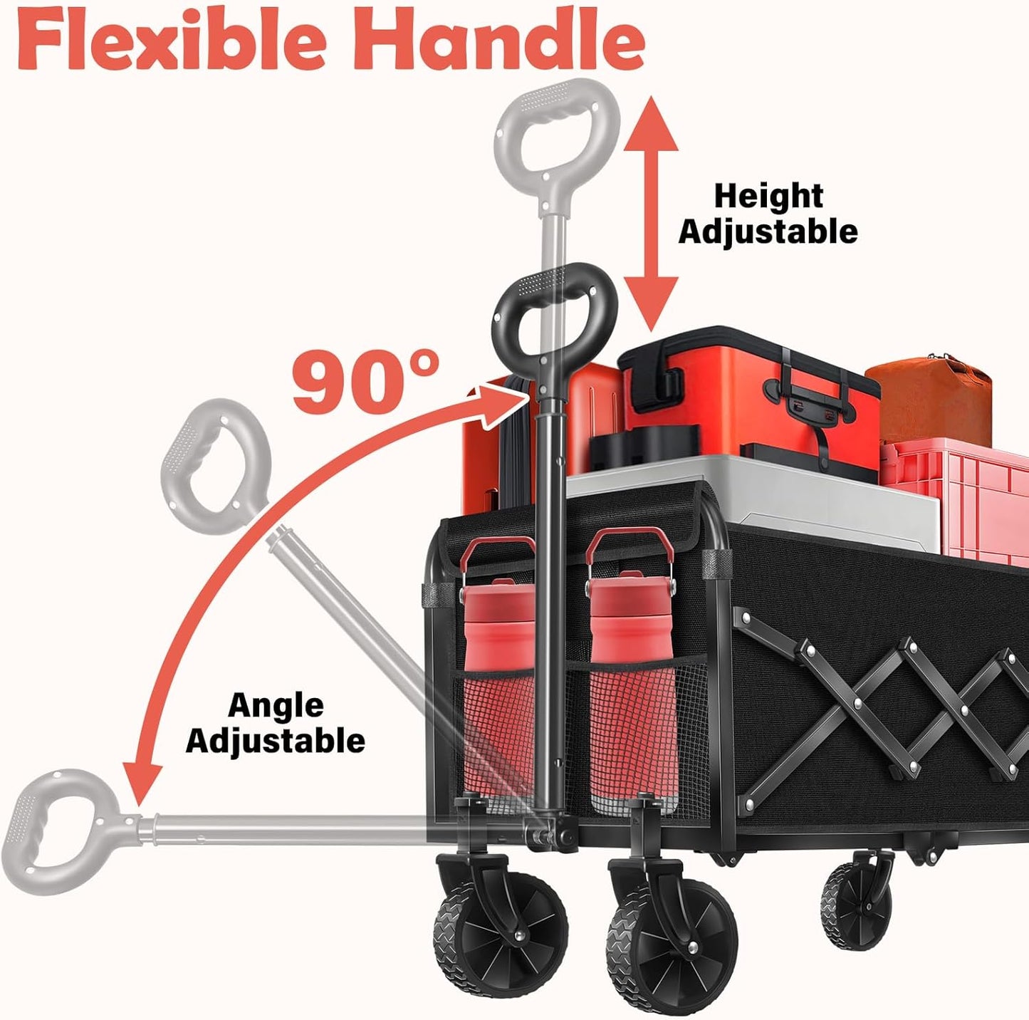 Wagons Carts Foldable, 360 Lbs with Adjustable Handle, Black Lightweight Portable, Collapsible Wagon for Camping, Shopping, Sports, Travel, Garage and Gardening Storage with Drink Holders