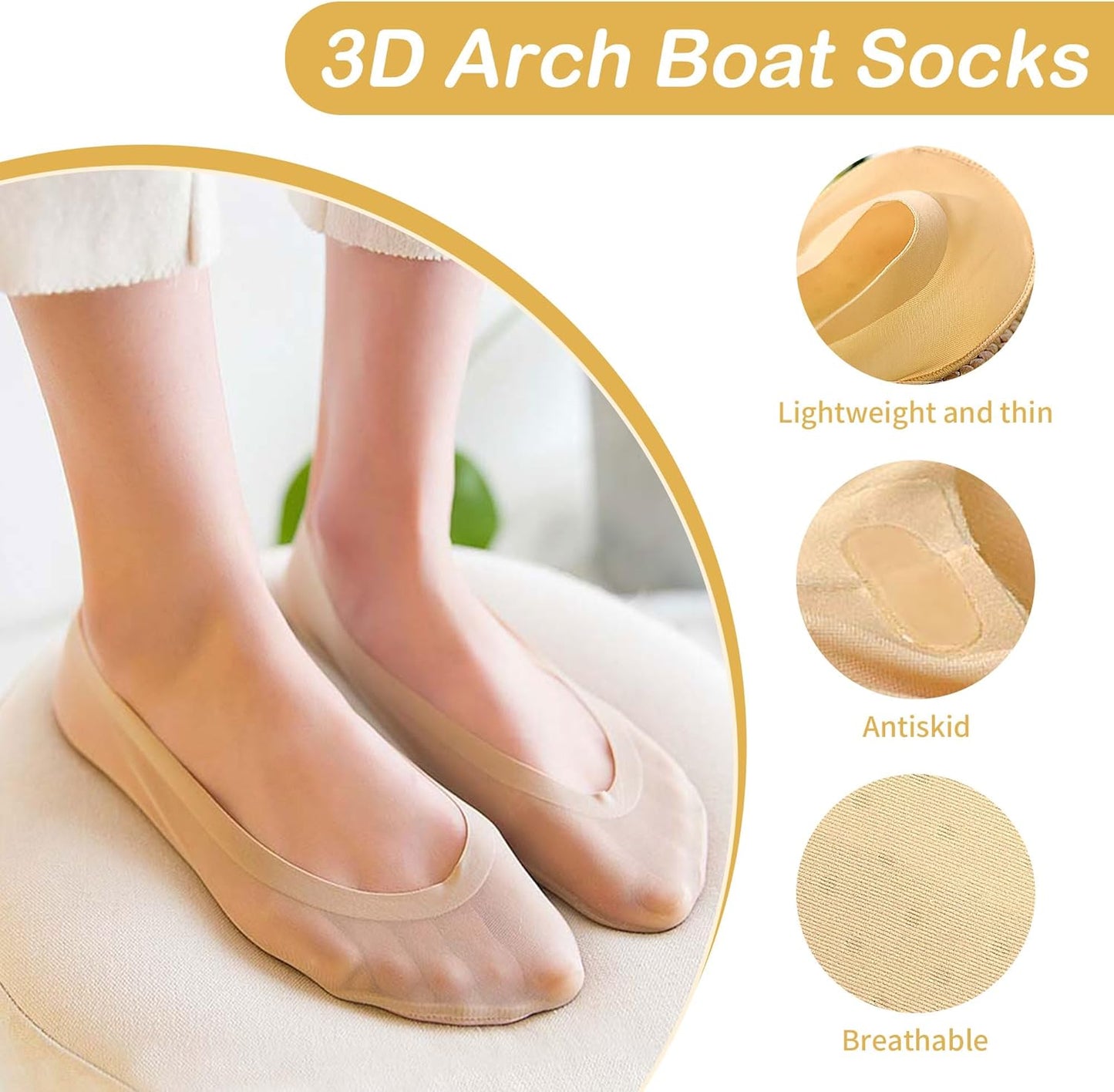 2Pairs Arch Support Socks Woman No Show Liner Socks 3D Padded Sponge Cushion Socks Massage Sock
