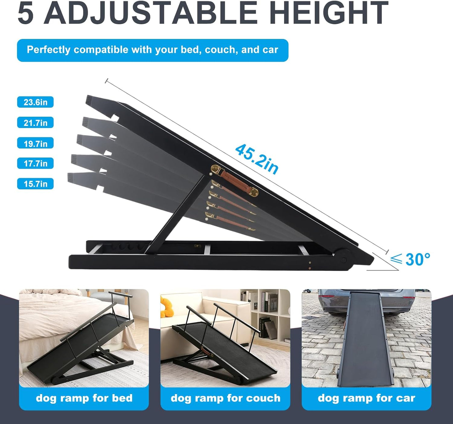 Dog Ramp for Bed and Couch- 5 Height Adjustable Premium Solid Wood Pet Ramp for Small, Medium Dogs, Collapsible Anti-Slip Dog Ramp for Sofa, Couch & Beds (Black, 115)