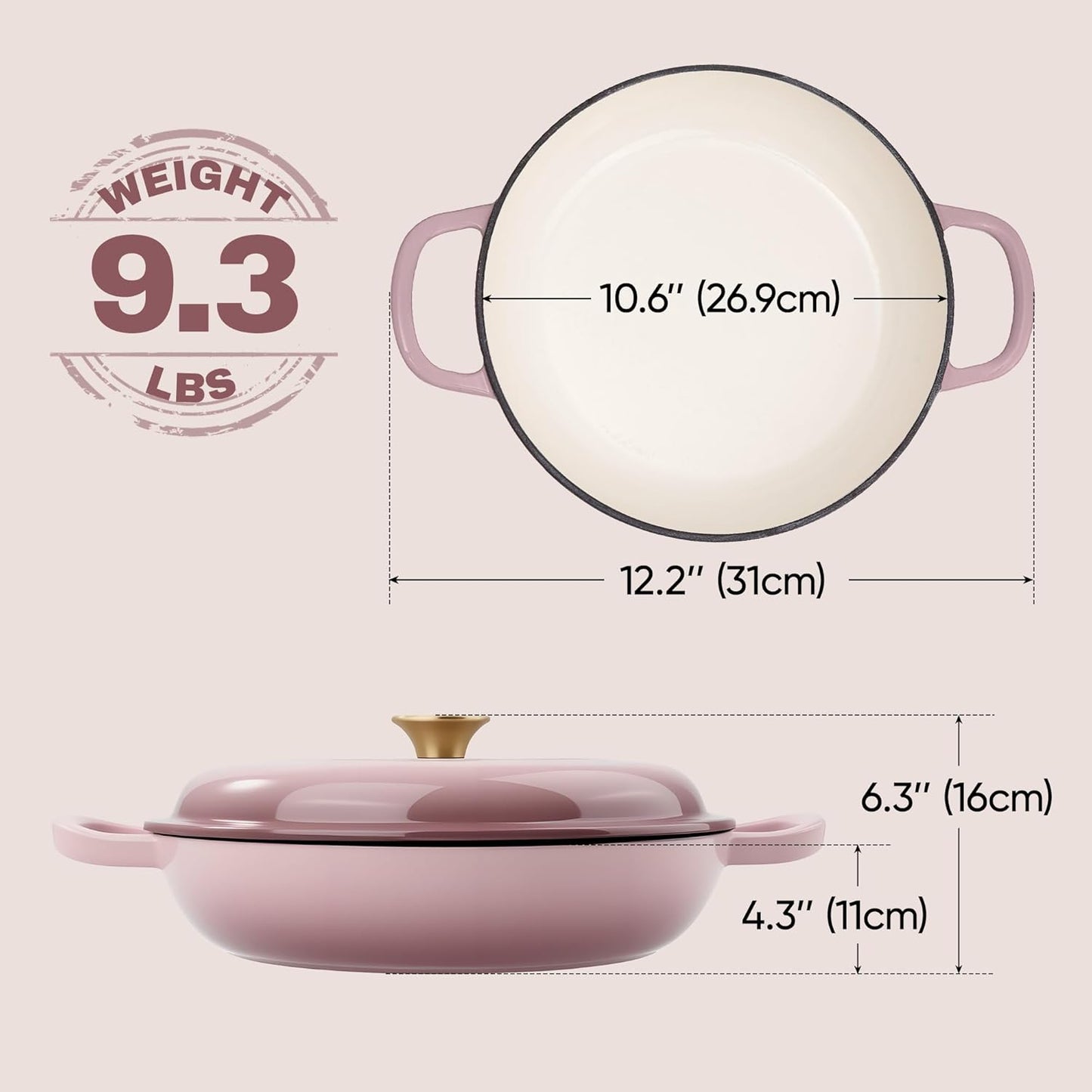 Vintage Style 3 Quart Enameled Cast Iron Braiser, Non Stick Enameled Cast Iron Skillet with Lid, Dutch Oven Skillet with lid up to 500°F for Oven, Stove, Grill, Shallow Dutch Oven for Cook, Bake (Pink)