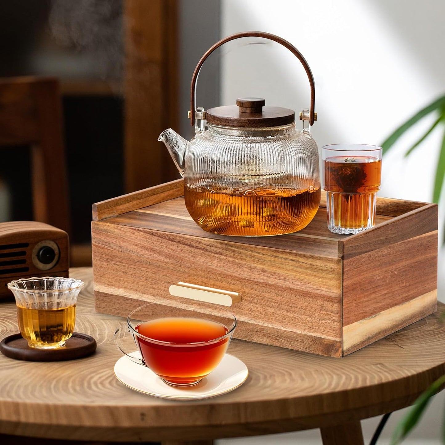 Tea Bag Organizer, Wood Tea Organizers and Storage Box, Tea Bag Holder Station Caddy Container for Countertop, Tea Accessories Gift Box with Drawer