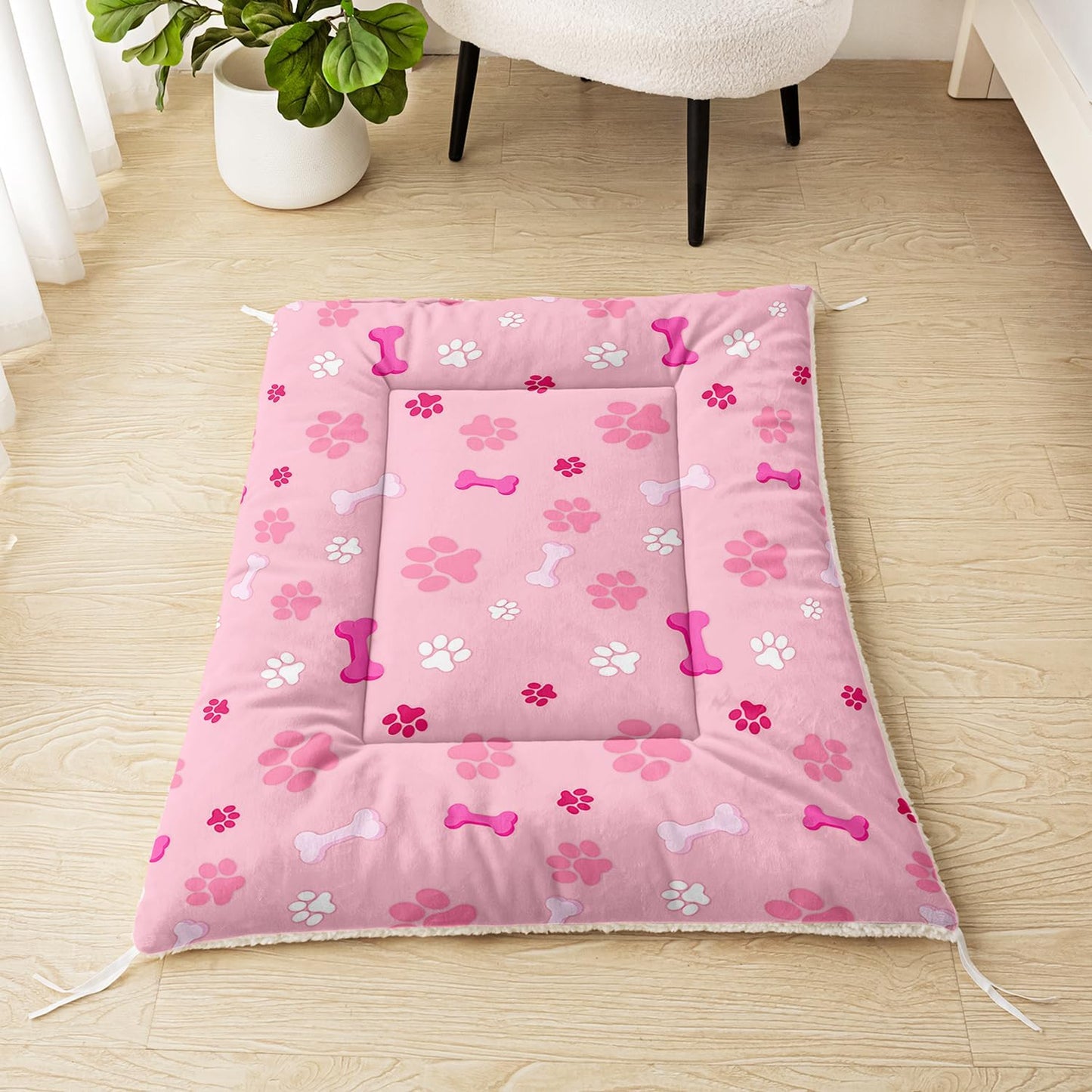 Pink Paw Print Dog Bed Mat - Cute Puppy Pad for Crate or Kennel - Washable Bone Design Pet Mat - Soft Fleece Liner for Small Dogs & Cats - Anti-Slip (M)
